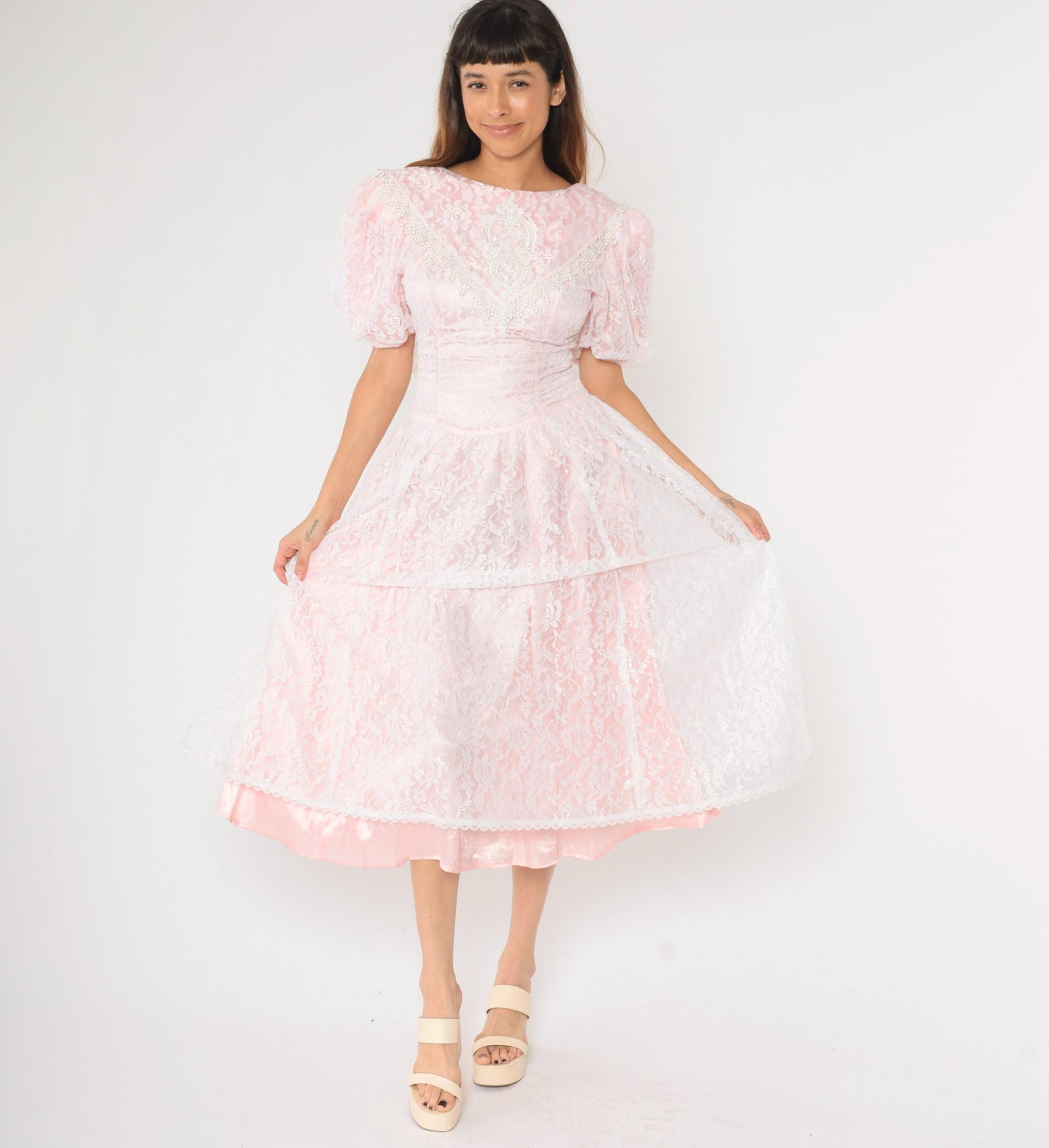 80s Gunne Sax Pink Lace Puff Sleeve Midi Dress White Overlay Small