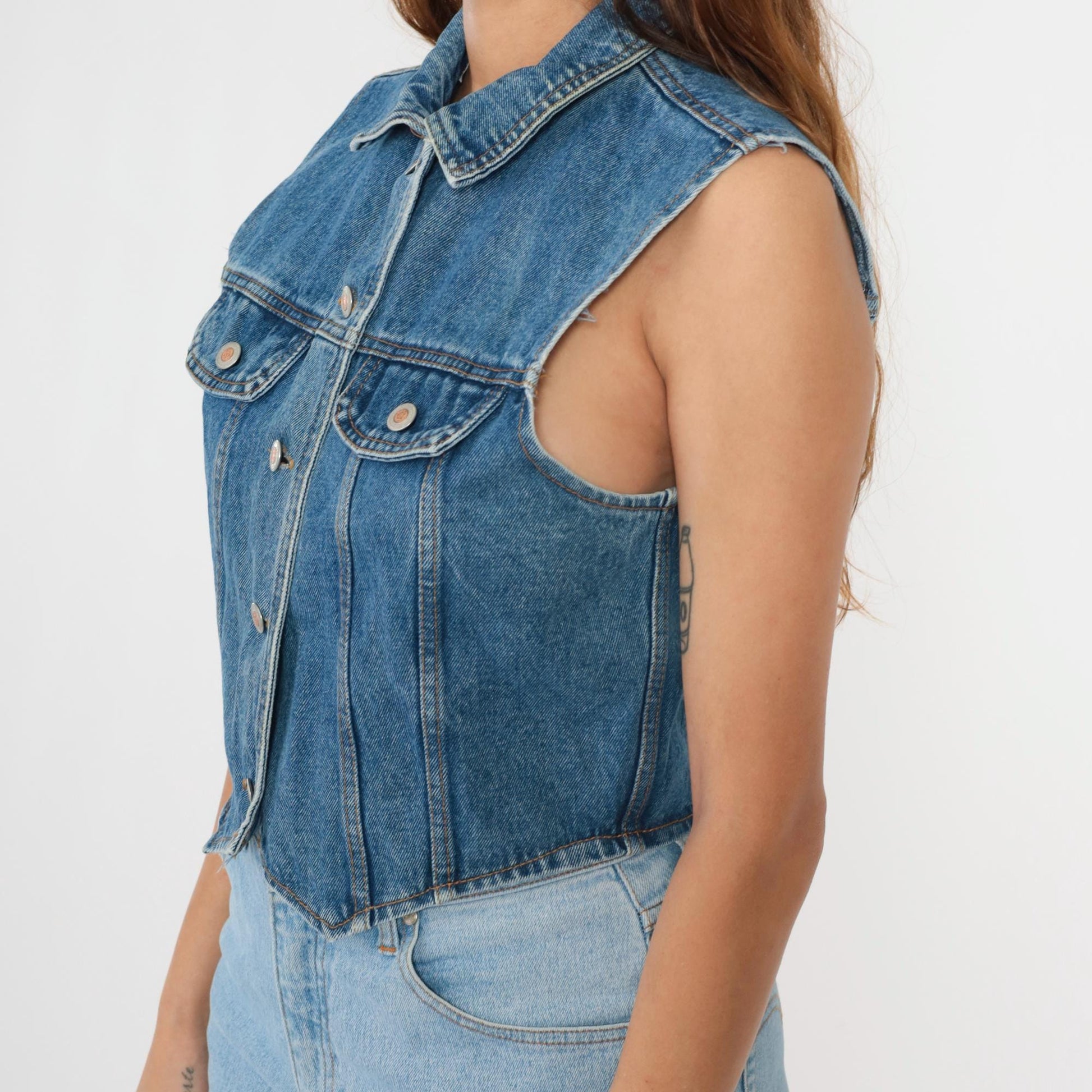 90s Blue Denim Cropped Vest Sleeveless Button-Up Jean Top Medium
