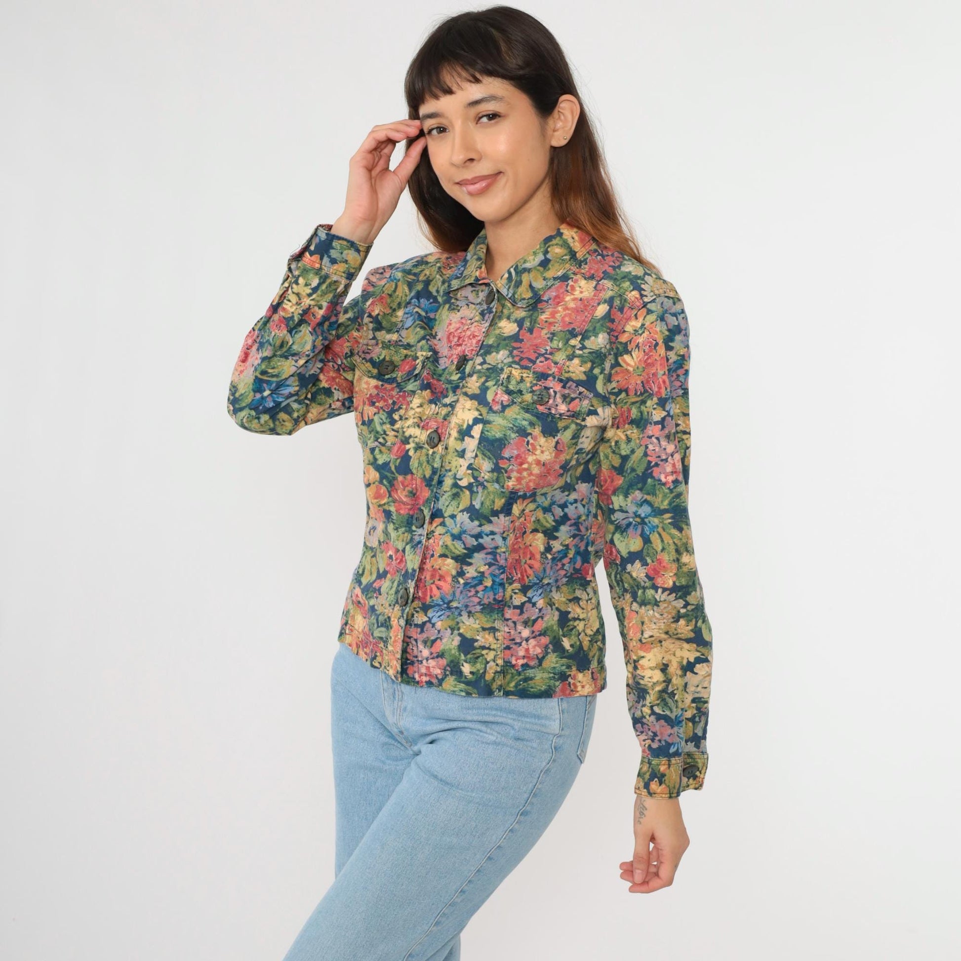 Y2K Coldwater Creek Floral Button-Up Blouse Long Sleeve Multicolor Print Medium