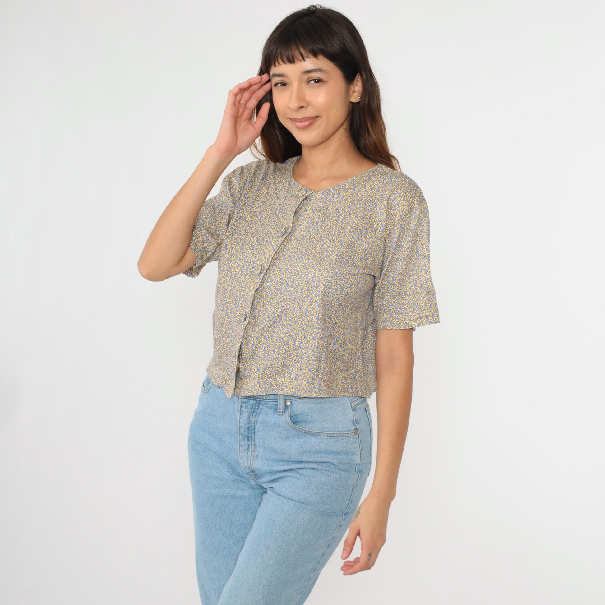 90s Talbots Petites Calico Floral Button-Up Blouse Periwinkle Cotton Small