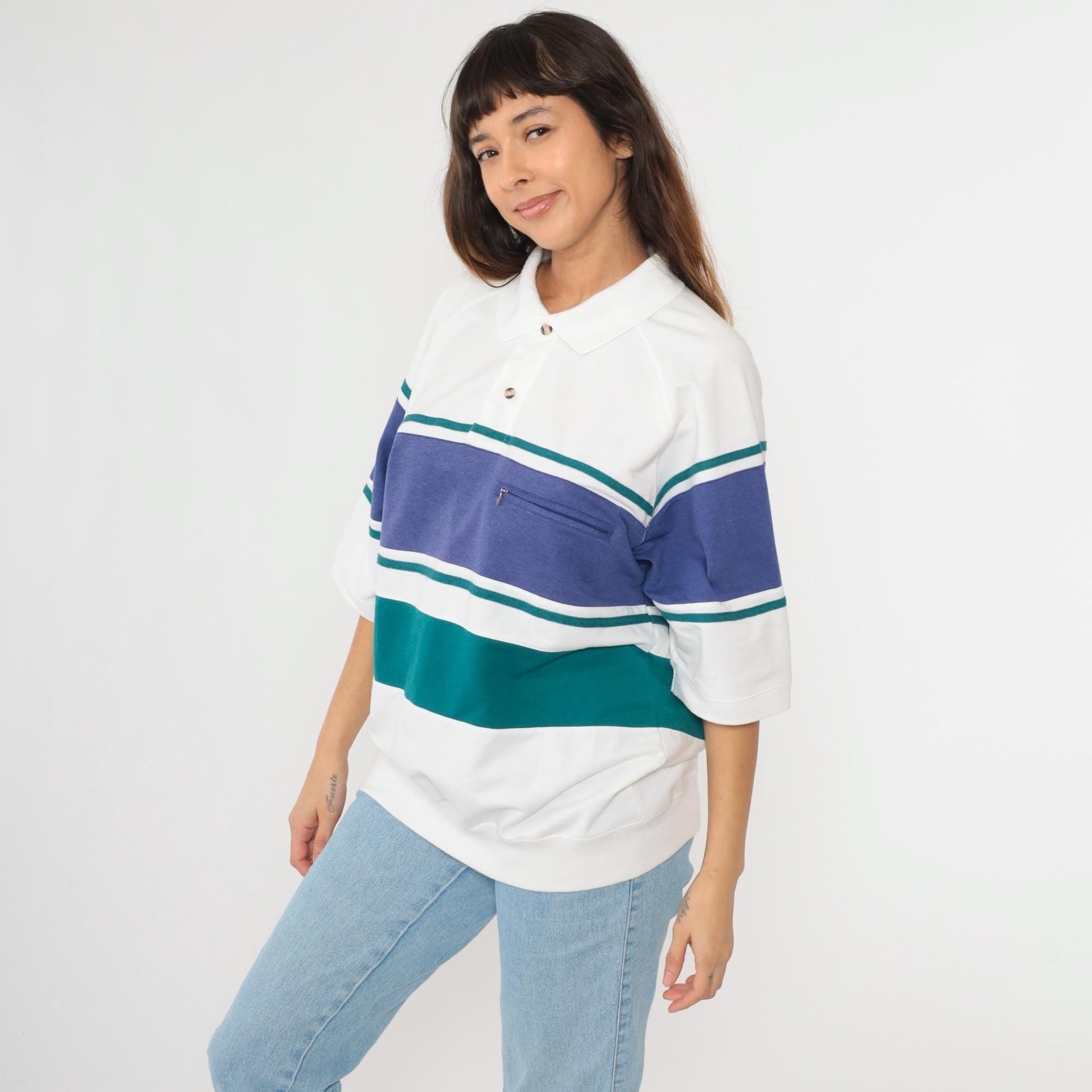 90s Jantzen Striped Polo Shirt White Blue Green Collared Short Sleeve Large L