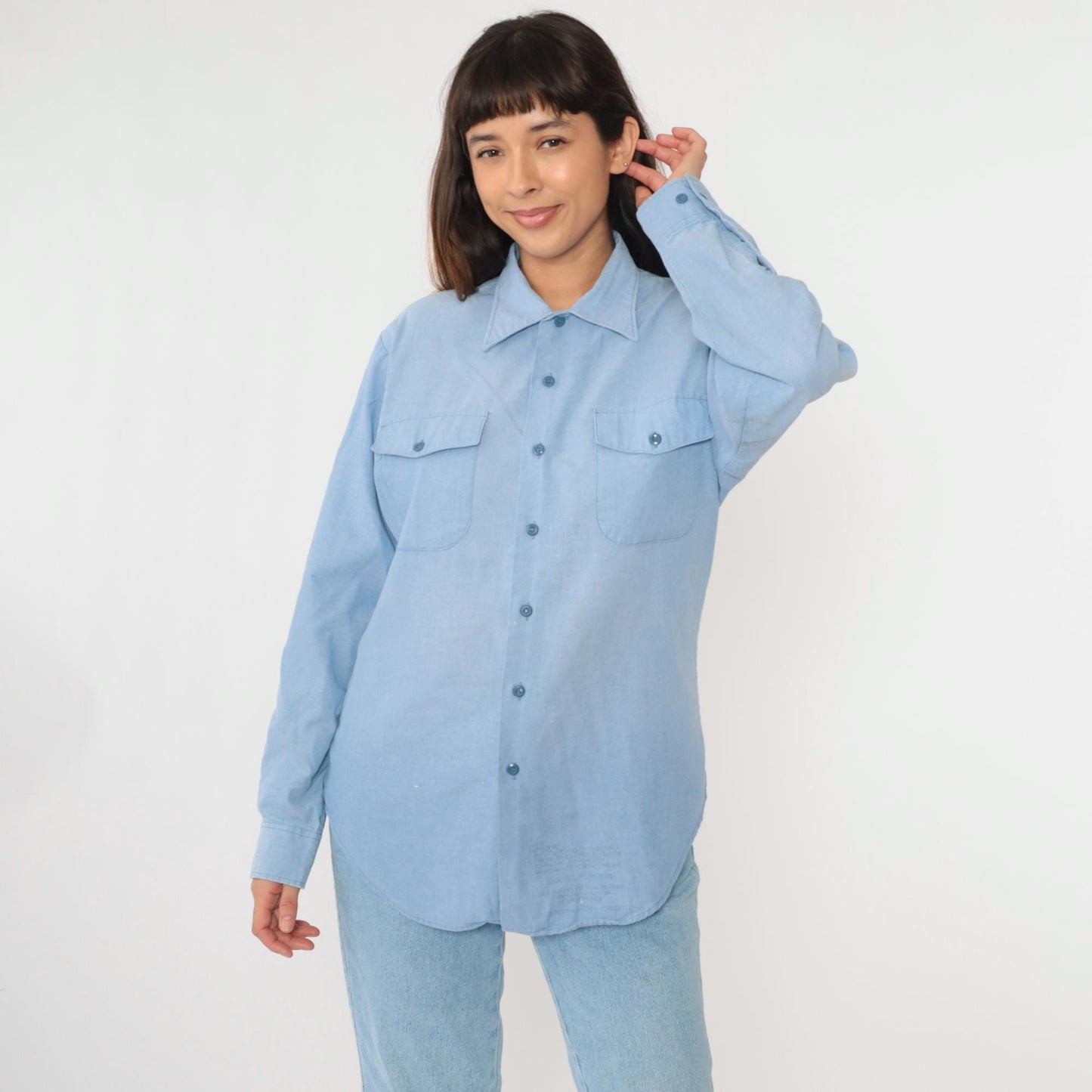 80s Blue Oxford Button-Up Shirt Paint Splatter Long Sleeve Large L