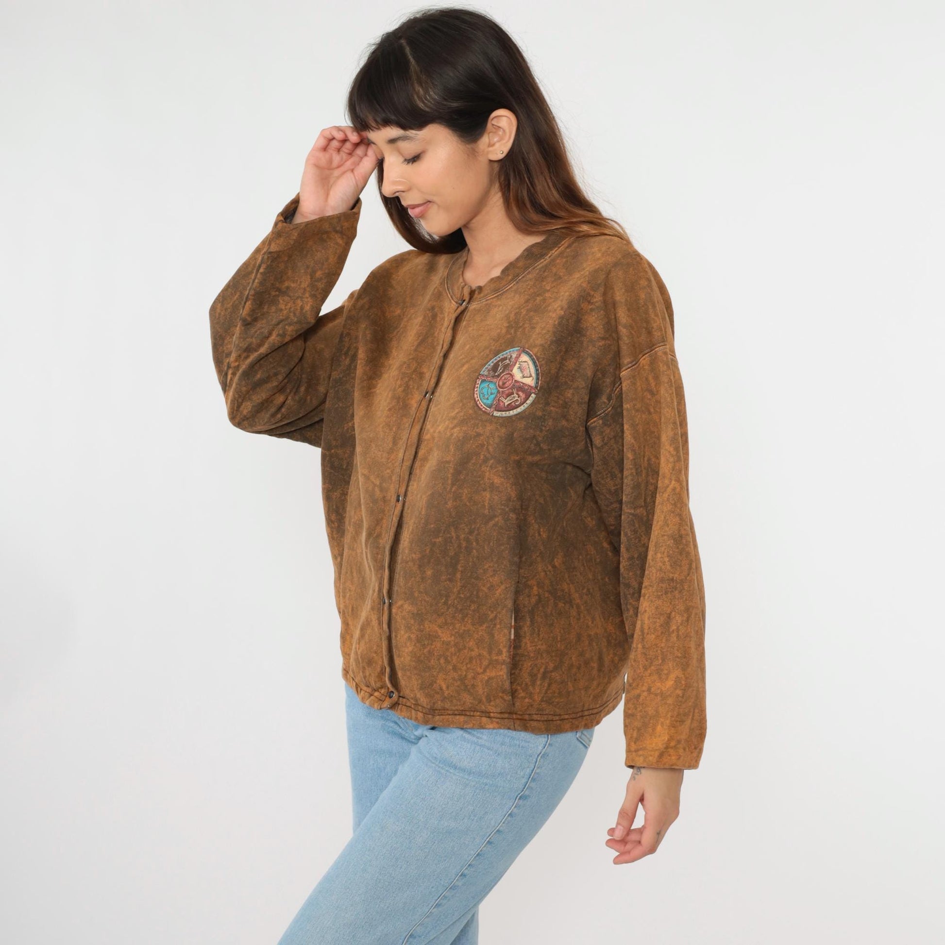 90s Stone Aged Rockwear Southwestern Cardigan Brown Animal Snap Shirt Medium Large