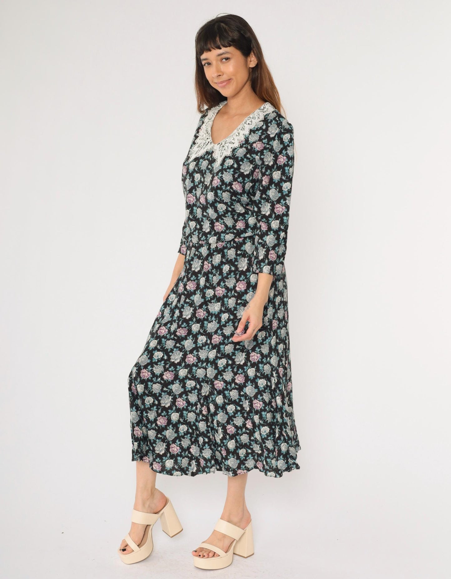 90s Starlo Fashions Floral Midi Dress Lace Collar Puff Sleeve Black Large