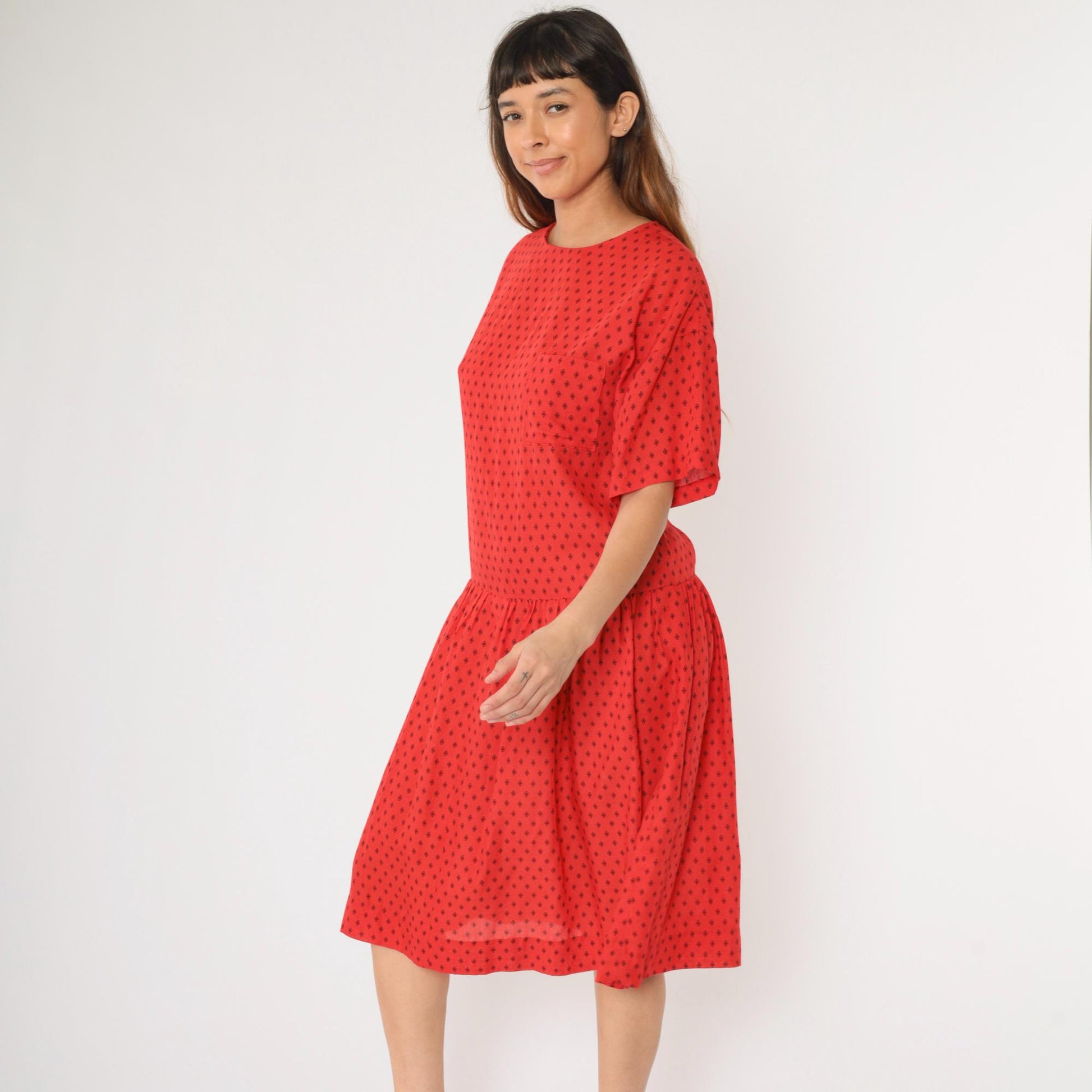 80s Geometric Diamond Print Midi Dress Red Drop Waist Short Sleeve Medium Large