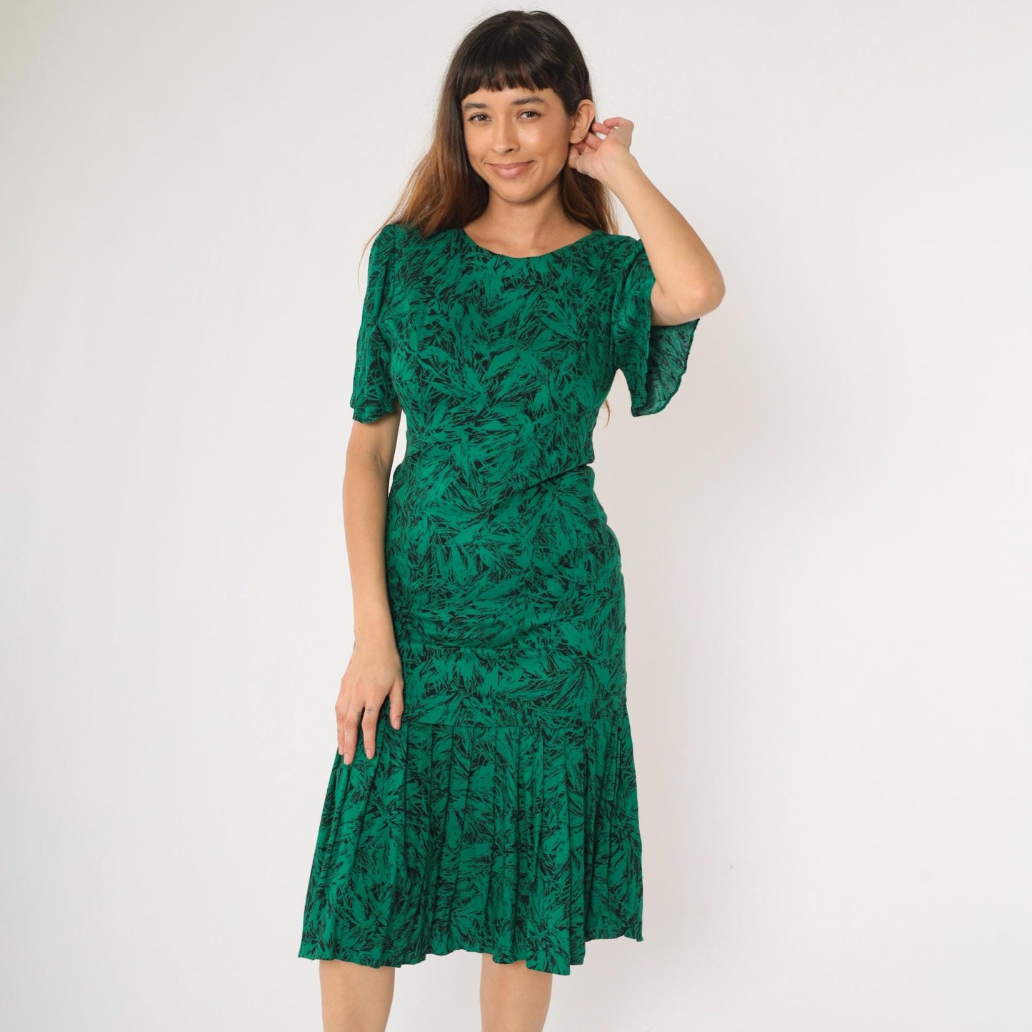 80s Green Abstract Leaf Print Midi Dress Puff Sleeve Drop Waist Small