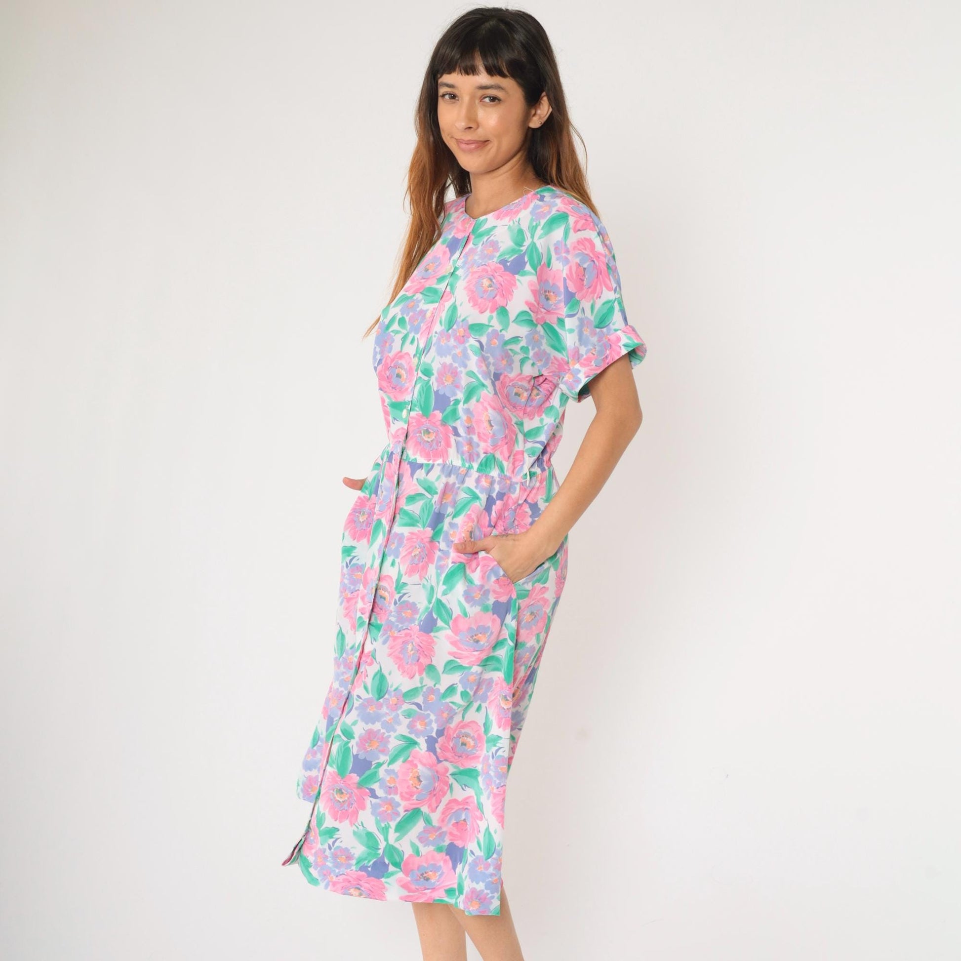 80s Floral Midi Shirtdress Pink Purple Green Button-Up Short Sleeve Medium