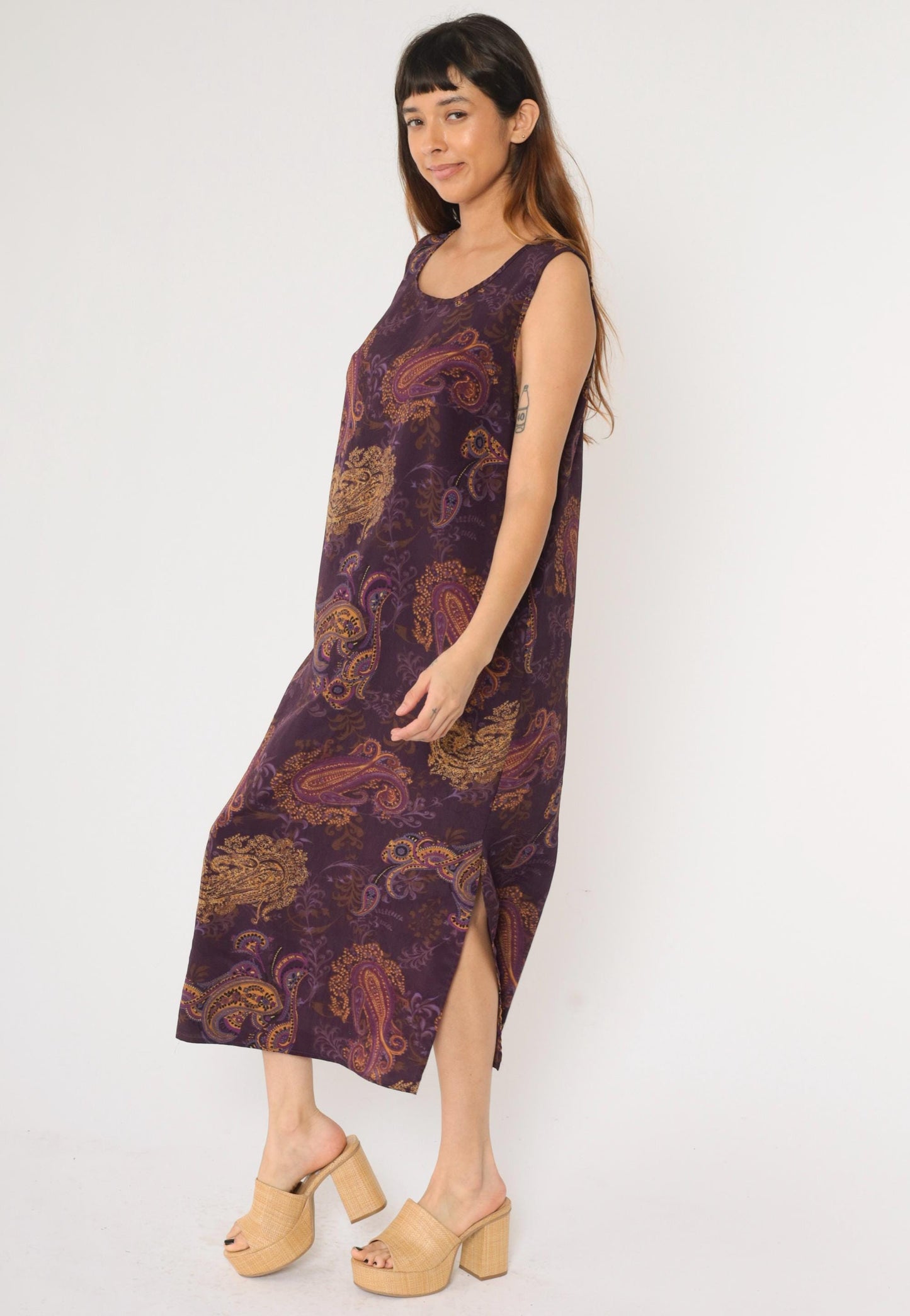 90s Purple Paisley Maxi Dress Sleeveless Scoop Neck Shift Large