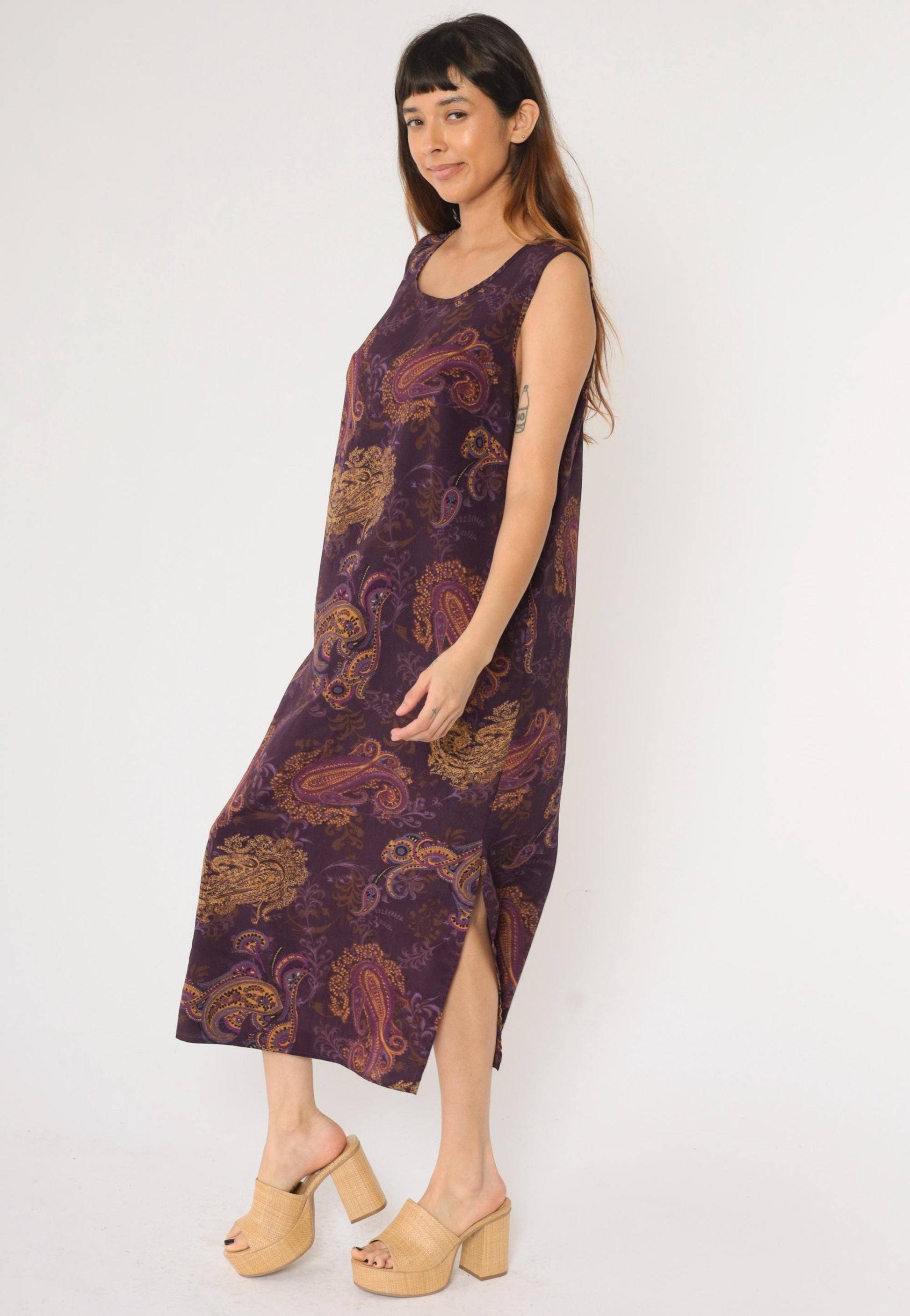 90s Purple Paisley Maxi Dress Sleeveless Scoop Neck Shift Large