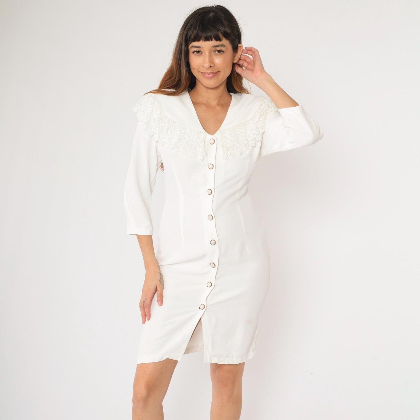 90s White Mini Dress Lace Collar Button-Up Sheath 3/4 Sleeve Medium