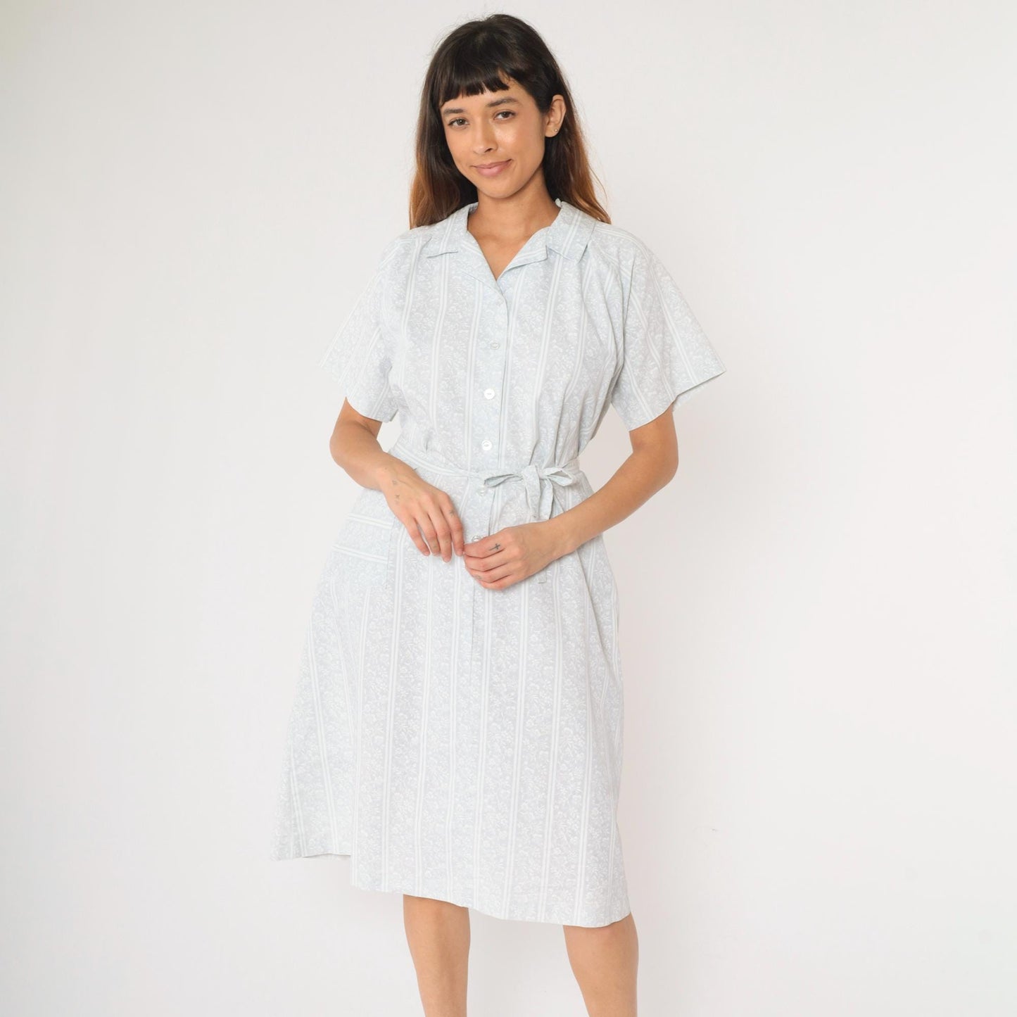 70s American Frock Baby Blue Floral Striped Midi Shirt Dress Large