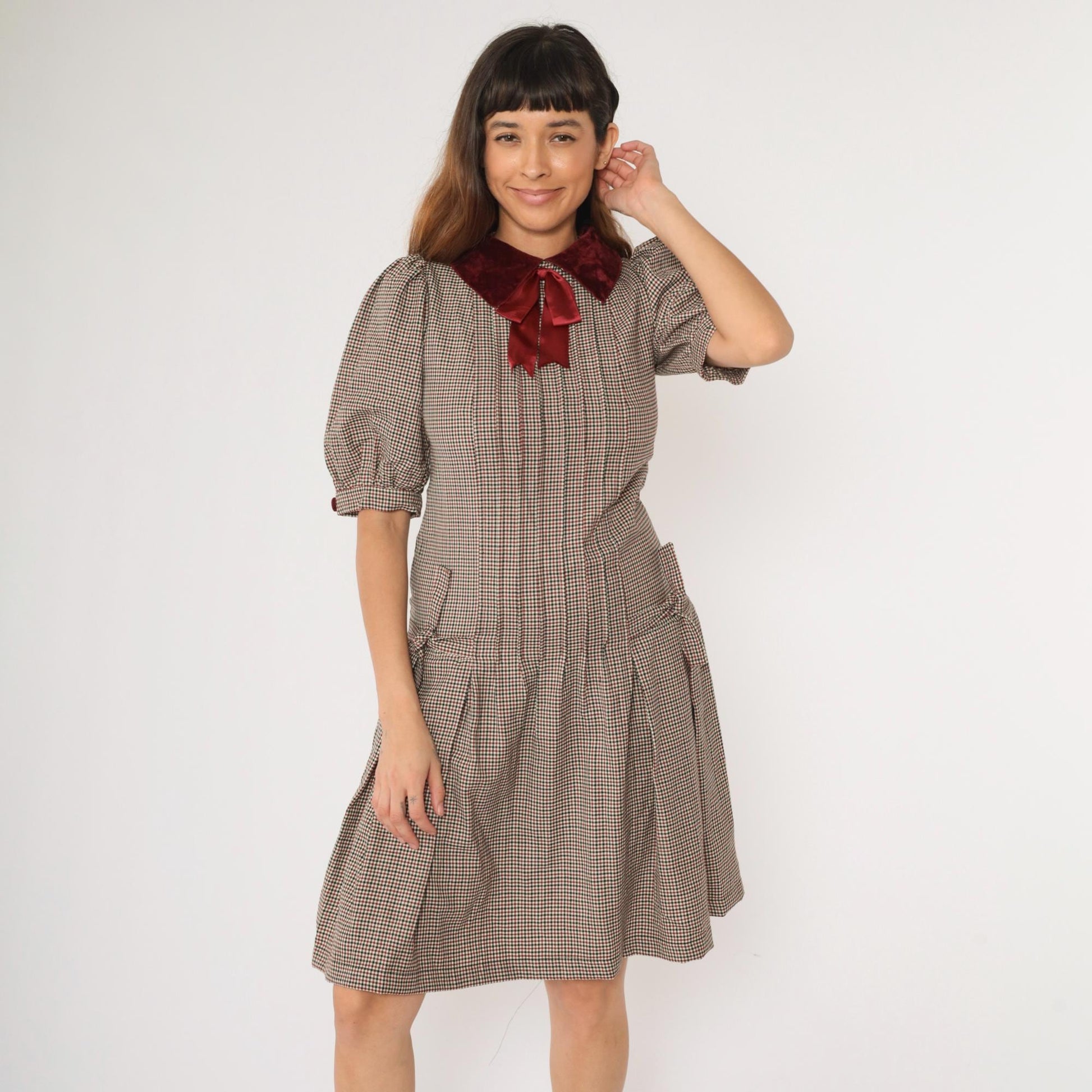 80s Bellville Sassoon Houndstooth Wool Dress Red Black Velvet Collar Knee Length Extra Small
