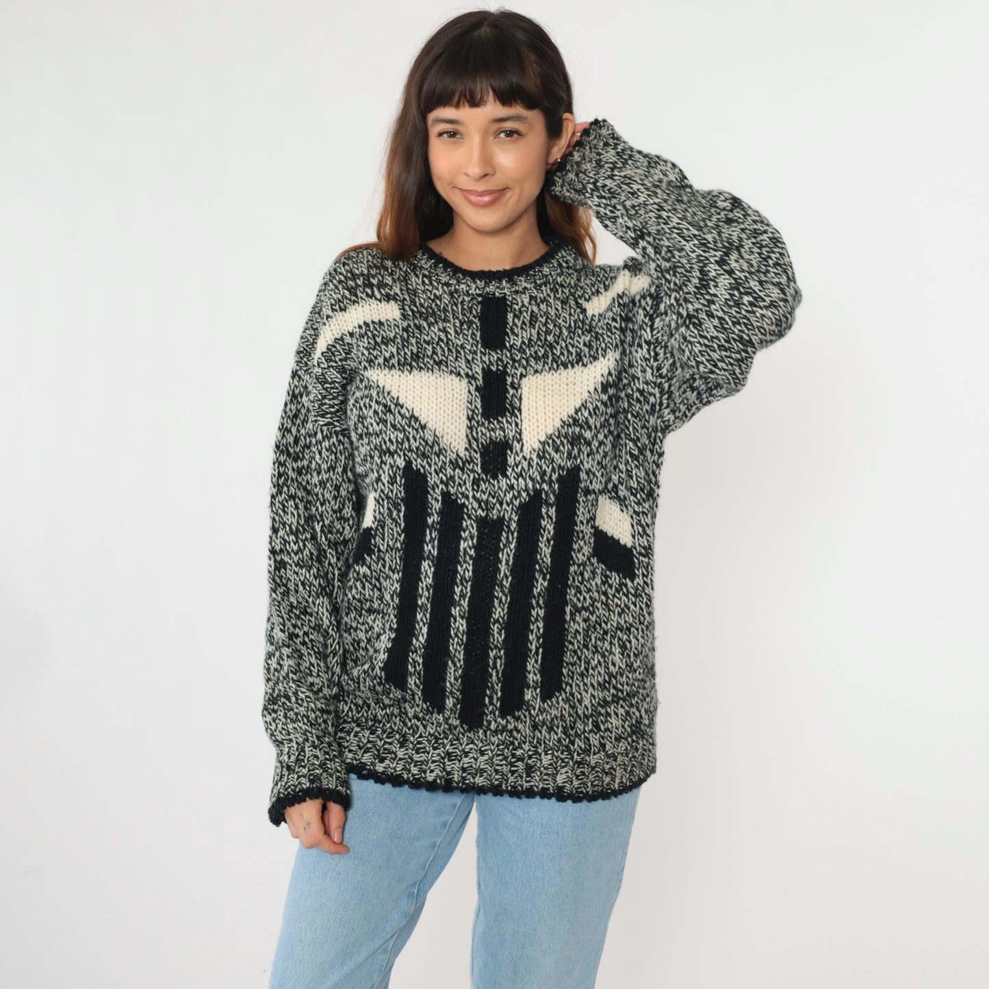 80s Michael Gerald Marled Knit Sweater Geometric Black White Crewneck Medium M
