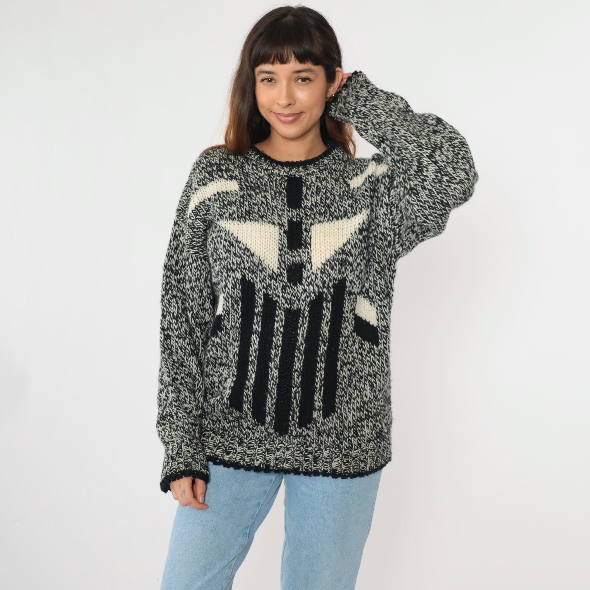 80s Michael Gerald Marled Knit Sweater Geometric Black White Crewneck Medium M