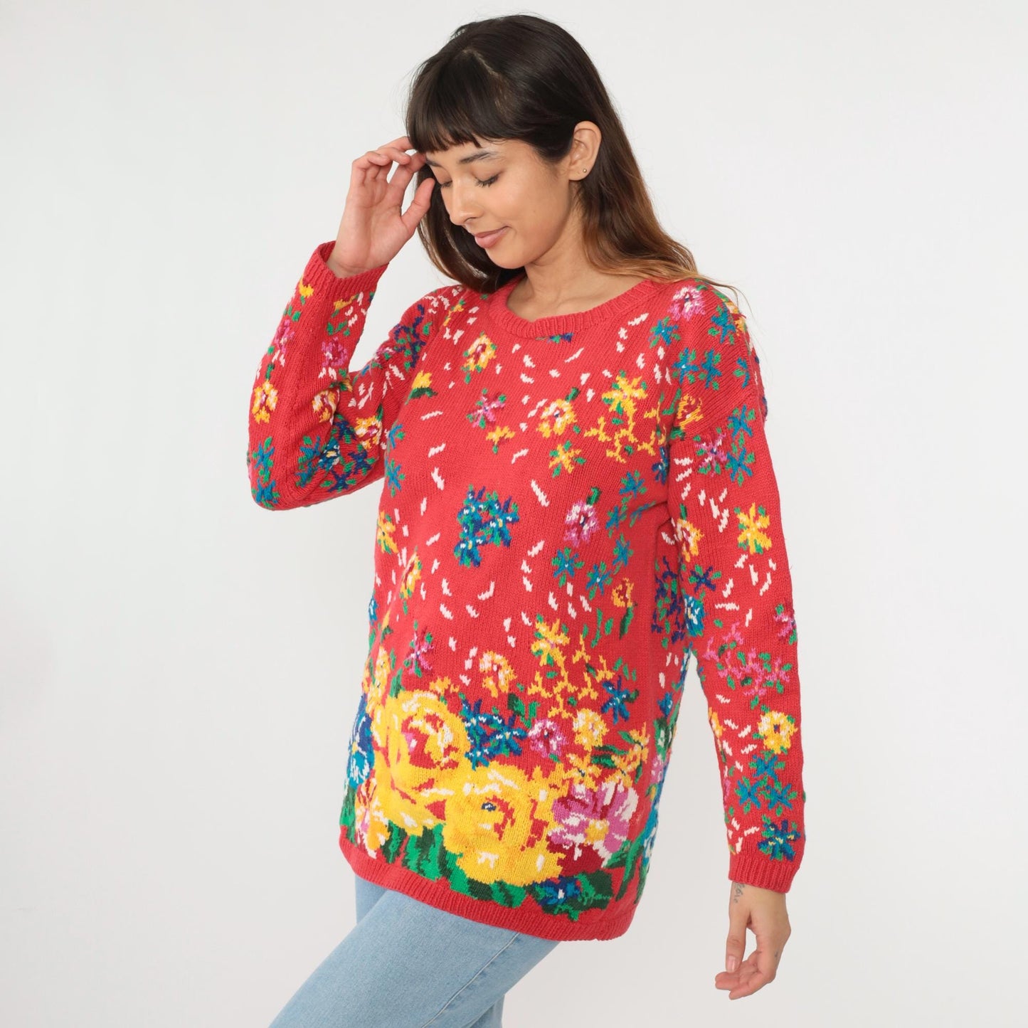 90s Adrienne Cittadini Red Floral Cotton Knit Sweater Crewneck Medium M