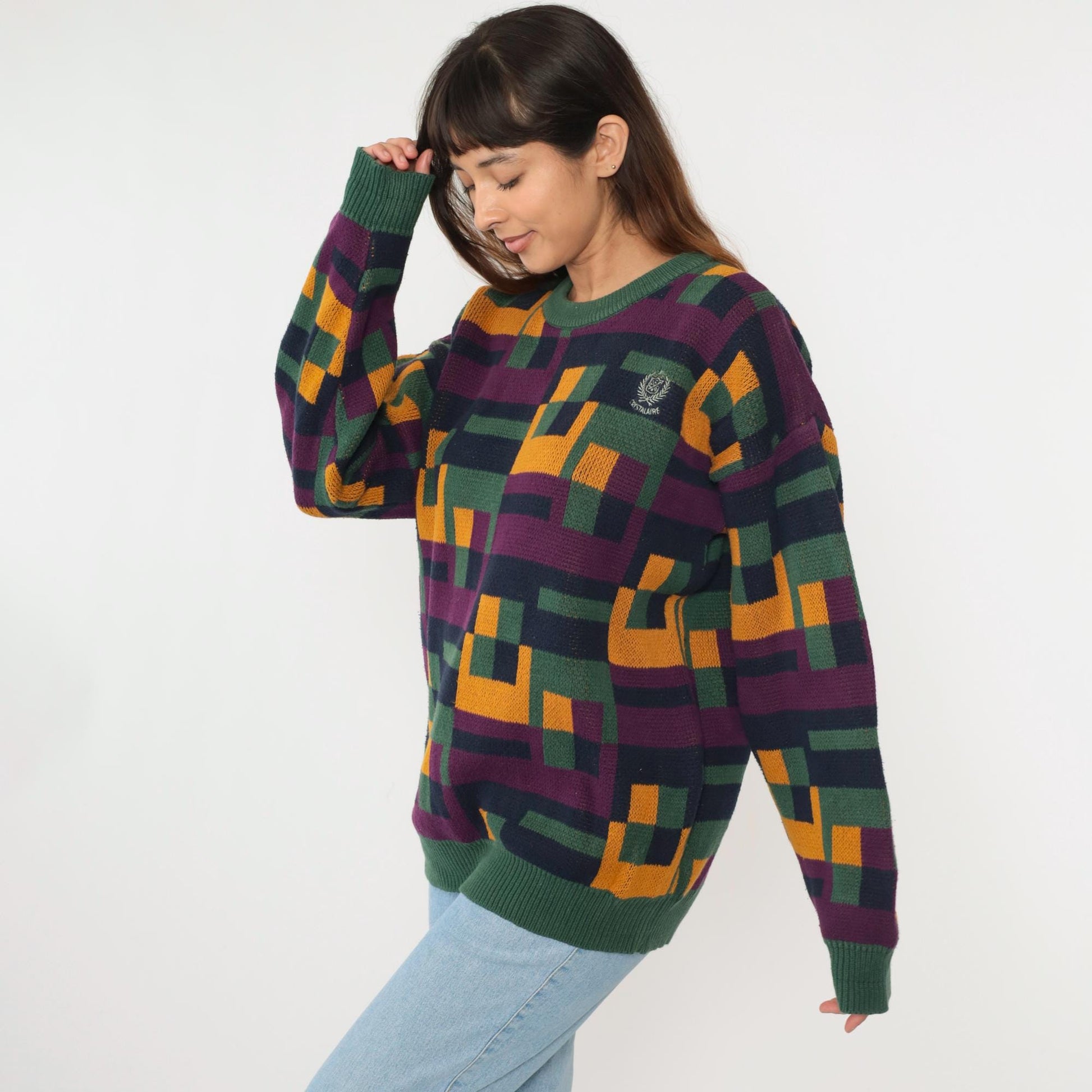 90s Izod Club Crystalaire Geometric Pullover Green Yellow Purple Cotton Large L