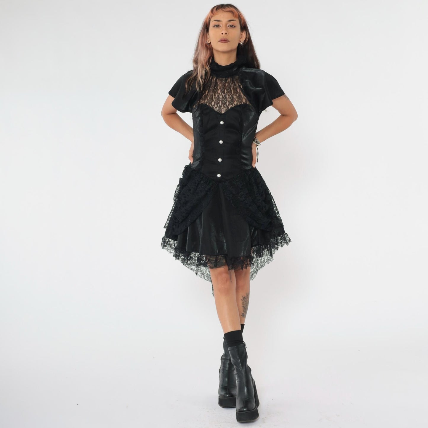 Y2K Black Lace Corset Dress Sweetheart Neckline Asymmetrical Mini Small S