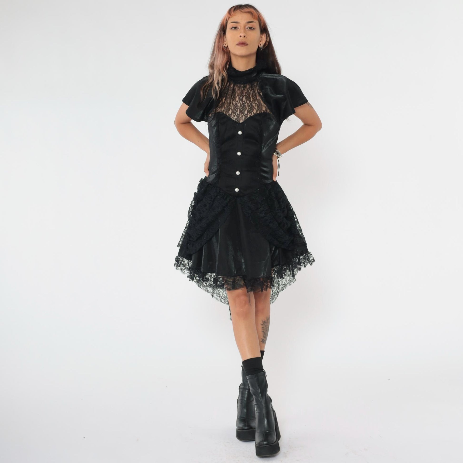 Y2K Black Lace Corset Dress Sweetheart Neckline Asymmetrical Mini Small S