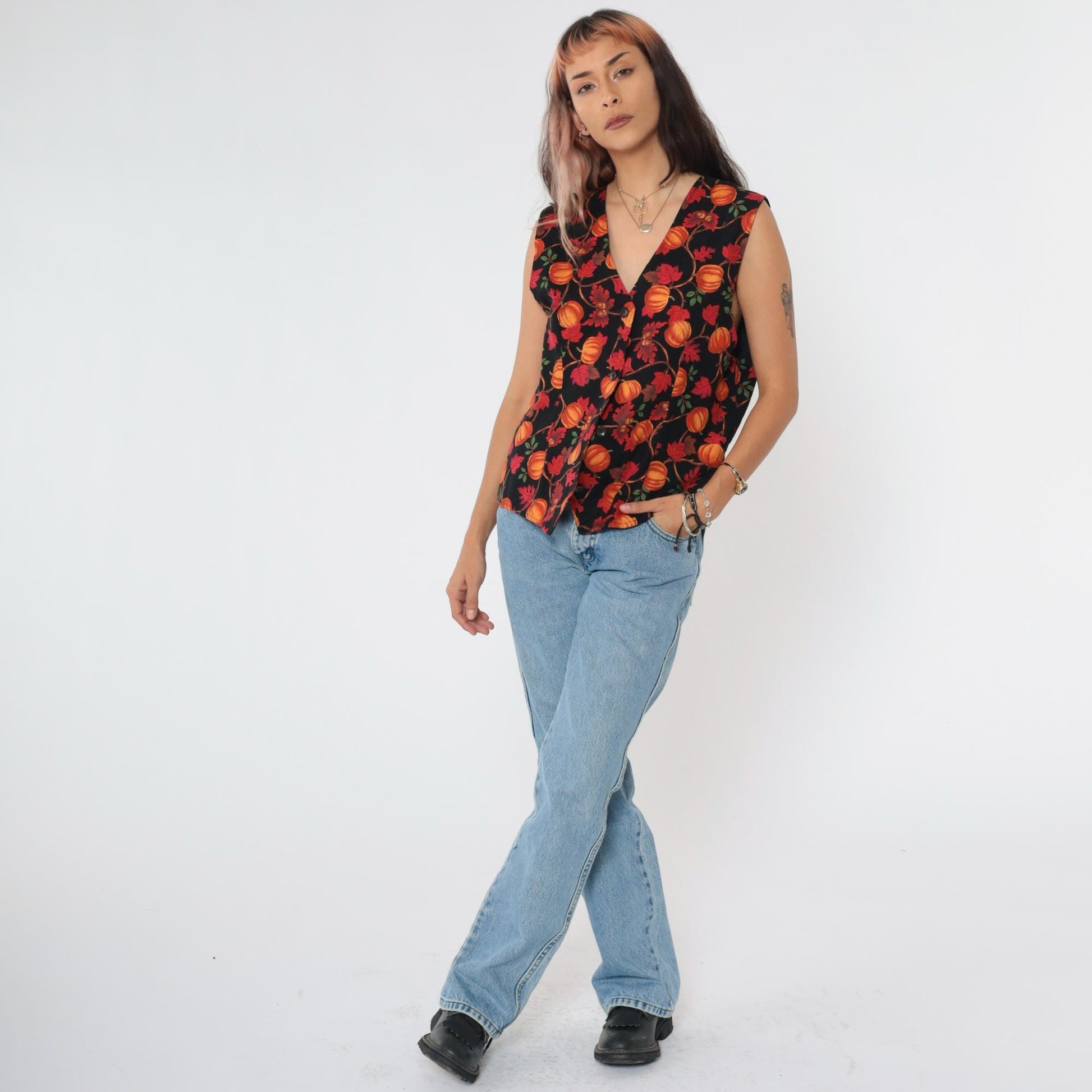 90s Talbots Pumpkin Acorn Leaf Vest Orange Black V-Neck Button-Up Medium