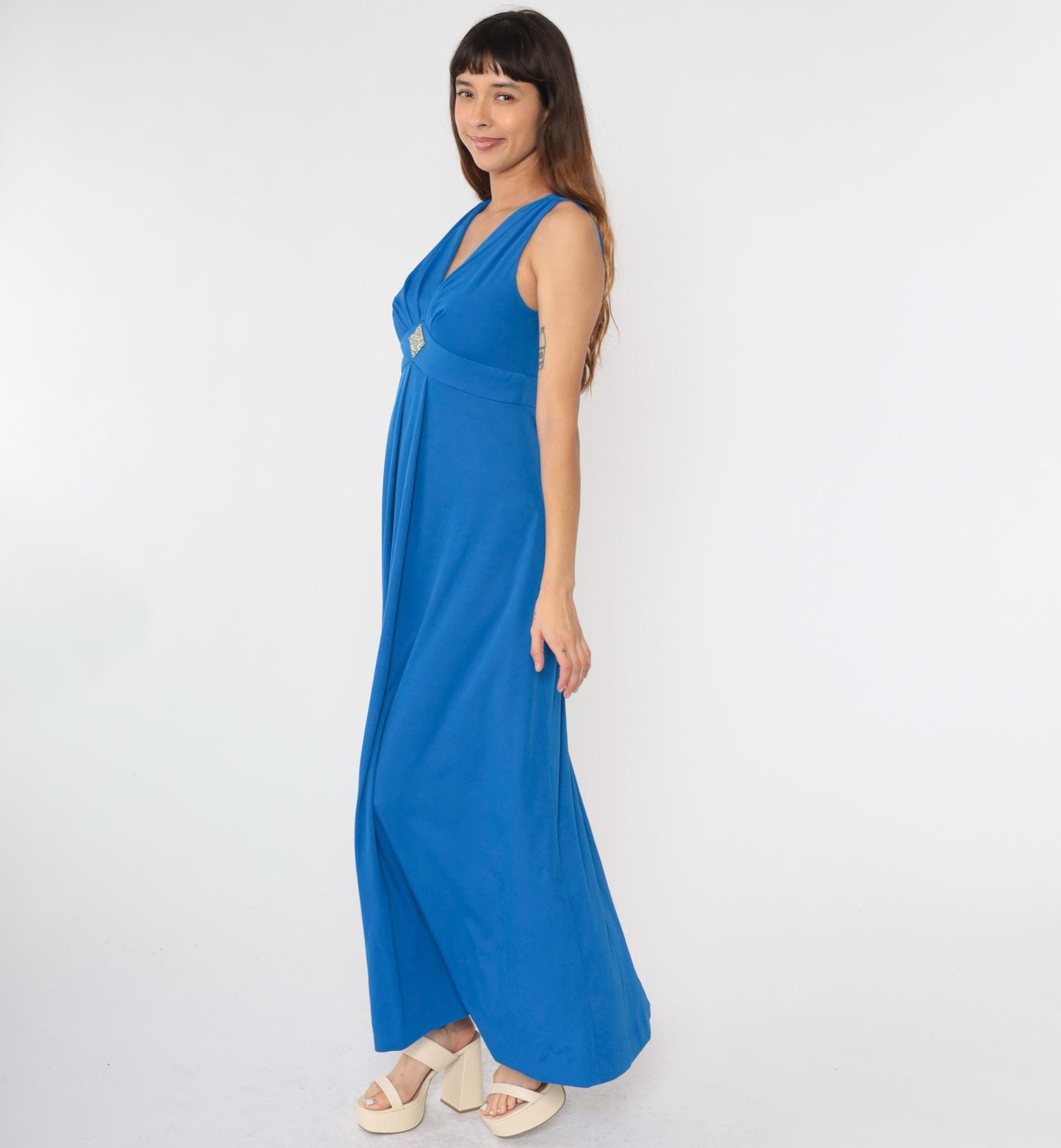 70s Blue Maxi Dress Rhinestone Empire Waist V Neck Sleeveless Small
