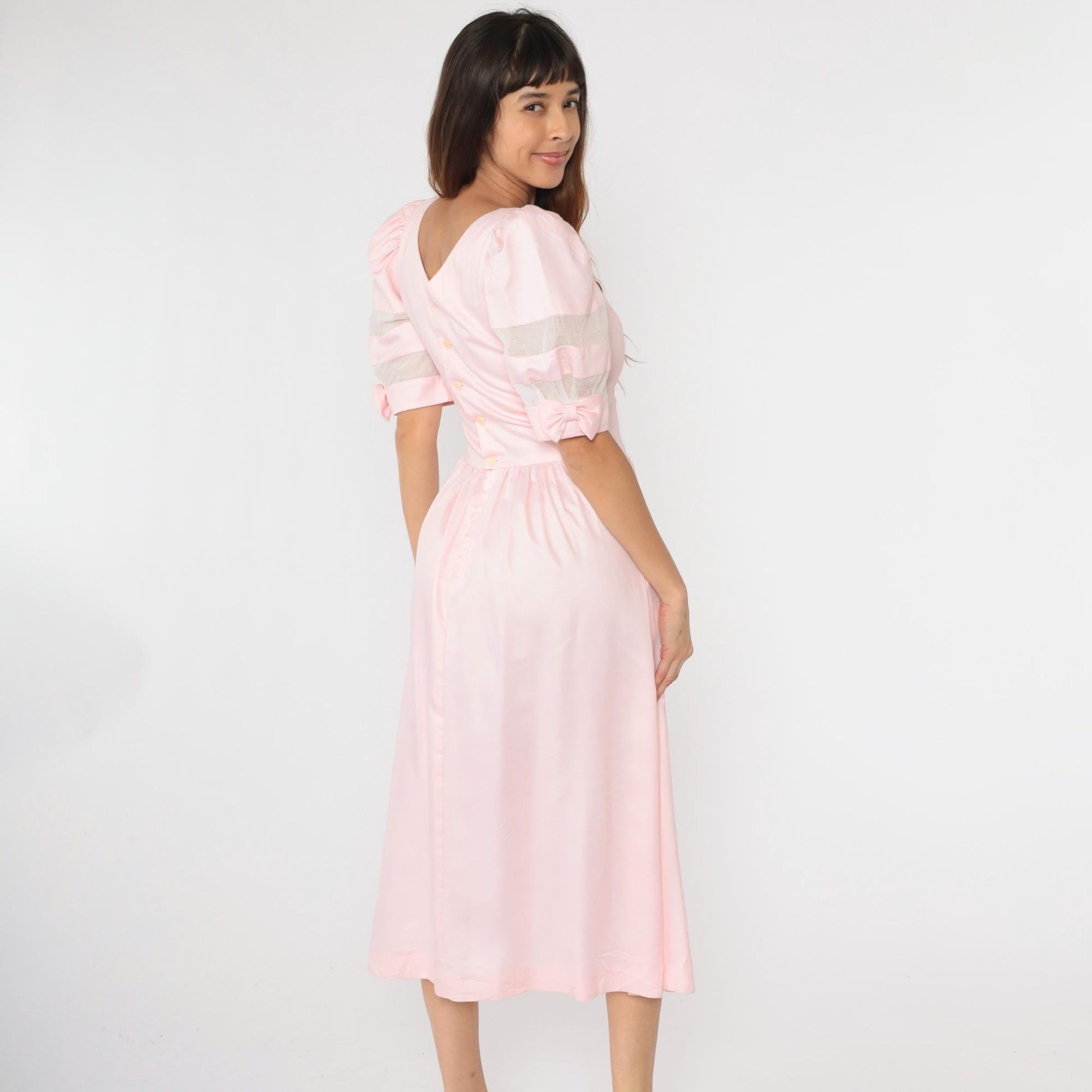 80s Lanz Originals Baby Pink Puff Sleeve Midi Dress Basque Waist Medium 8