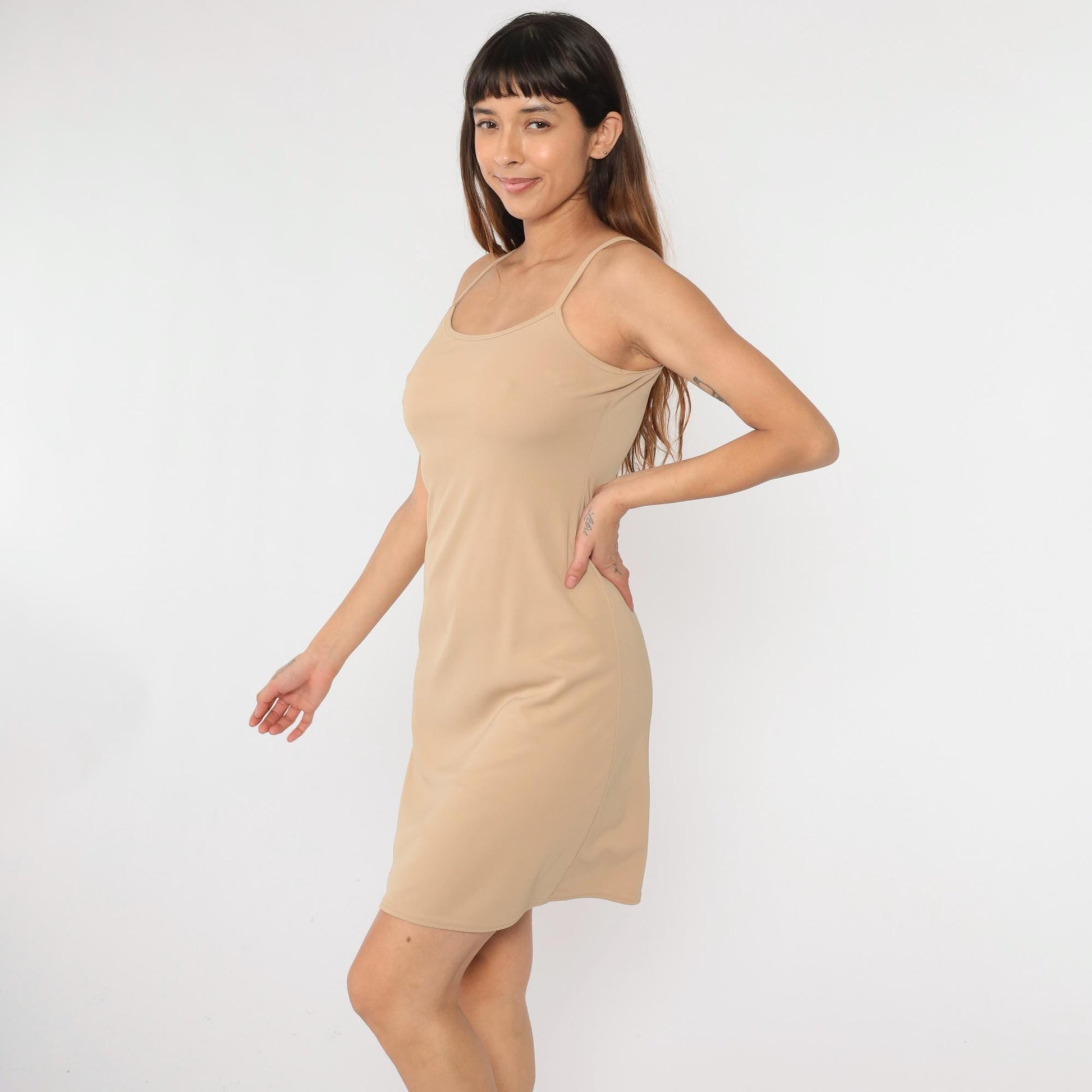 90s G.A.S. CO. Bodycon Mini Dress Beige Spaghetti Strap Small S