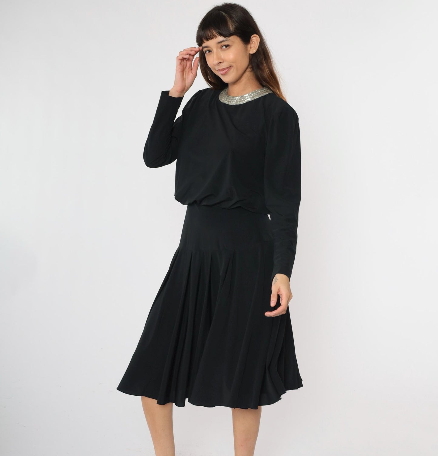 80s Ricki Lang Black Beaded Collar Midi Dress Drop Waist Long Sleeve Medium