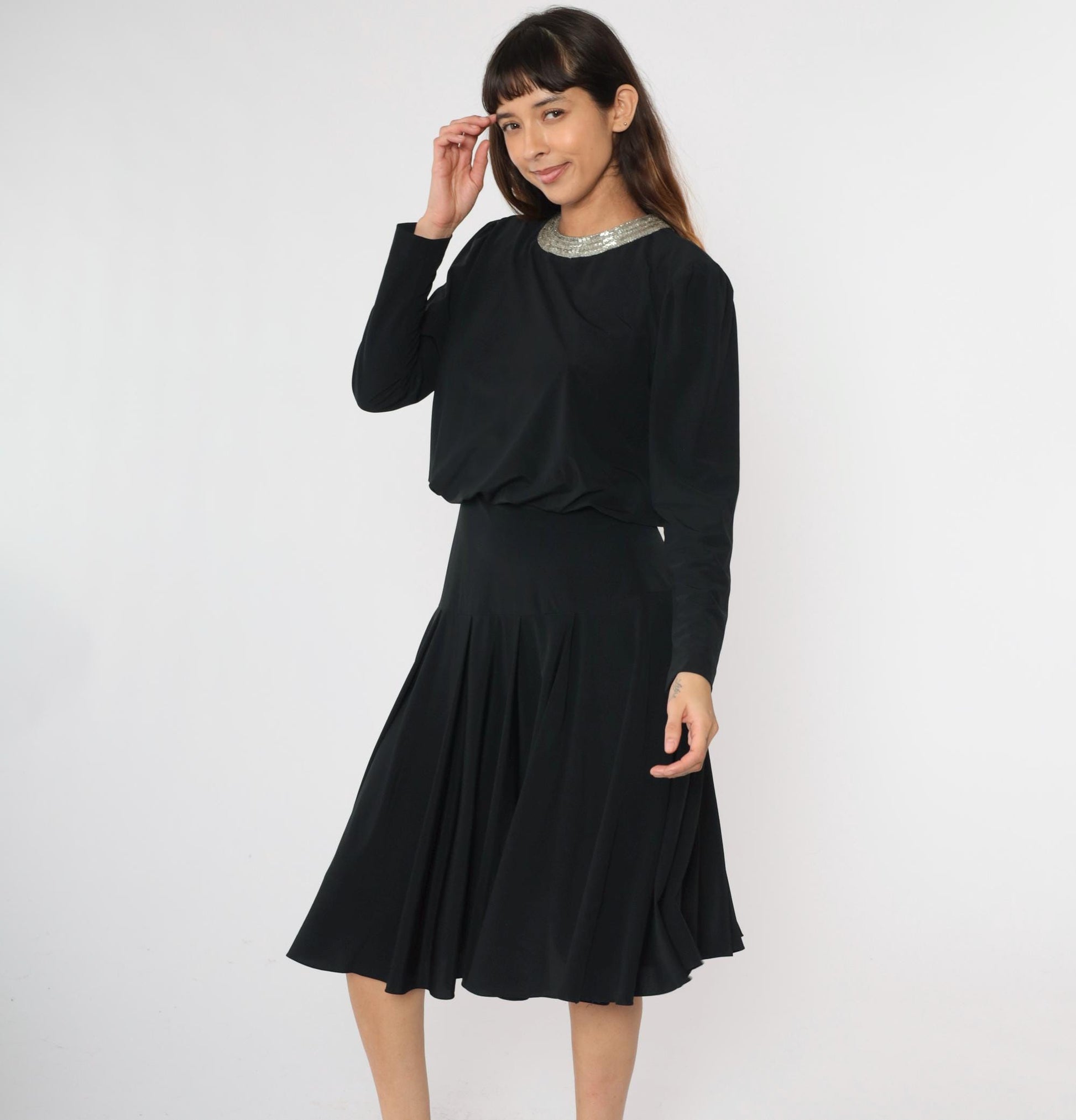 80s Ricki Lang Black Beaded Collar Midi Dress Drop Waist Long Sleeve Medium