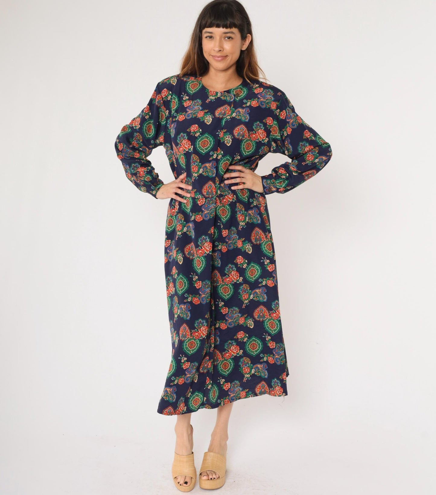 90s Liz Claiborne Paisley Floral Midi Dress Dark Blue High-Waisted Long Sleeve Large
