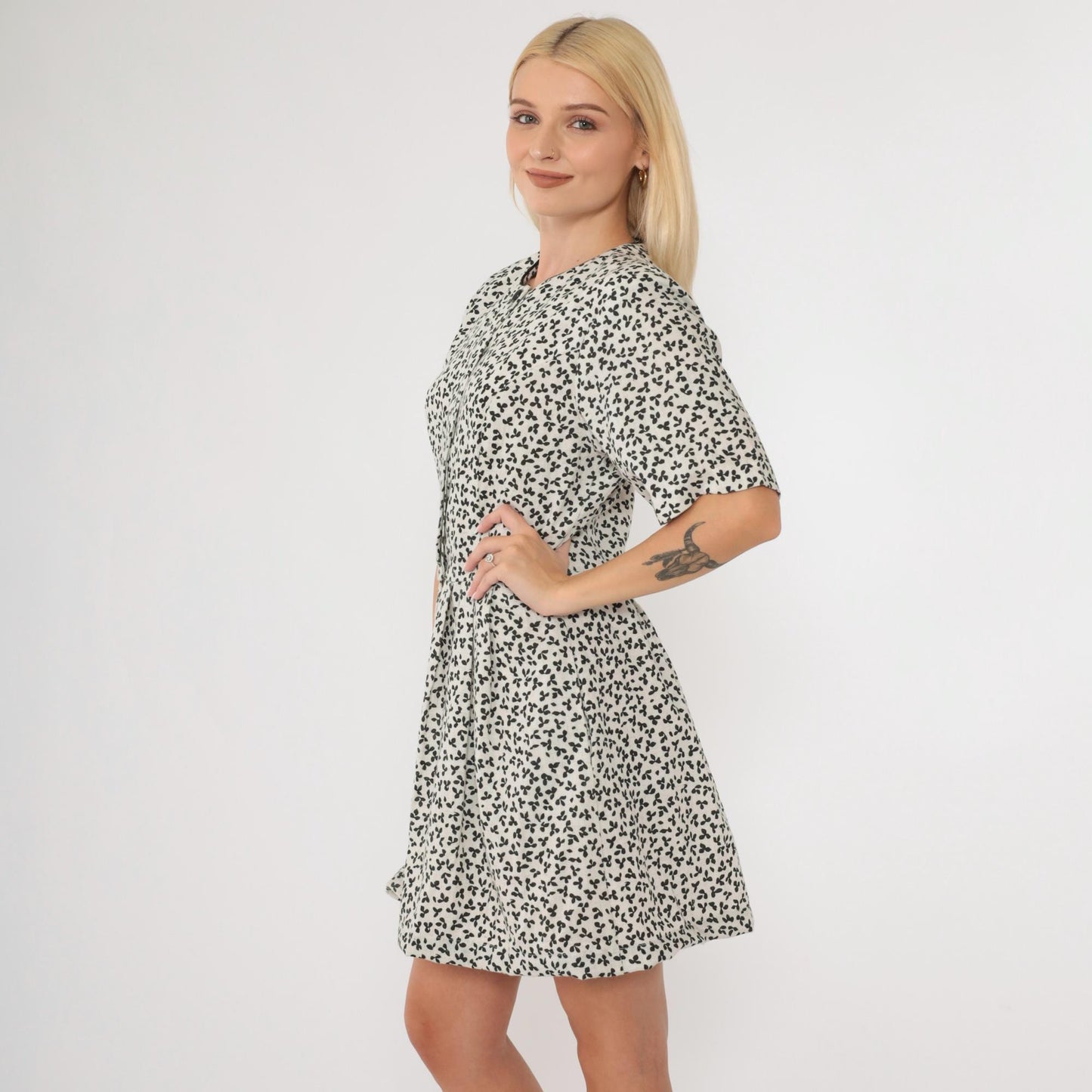 80s Lanz Originals Floral Mini Dress White Black Button-Up High Waisted Medium