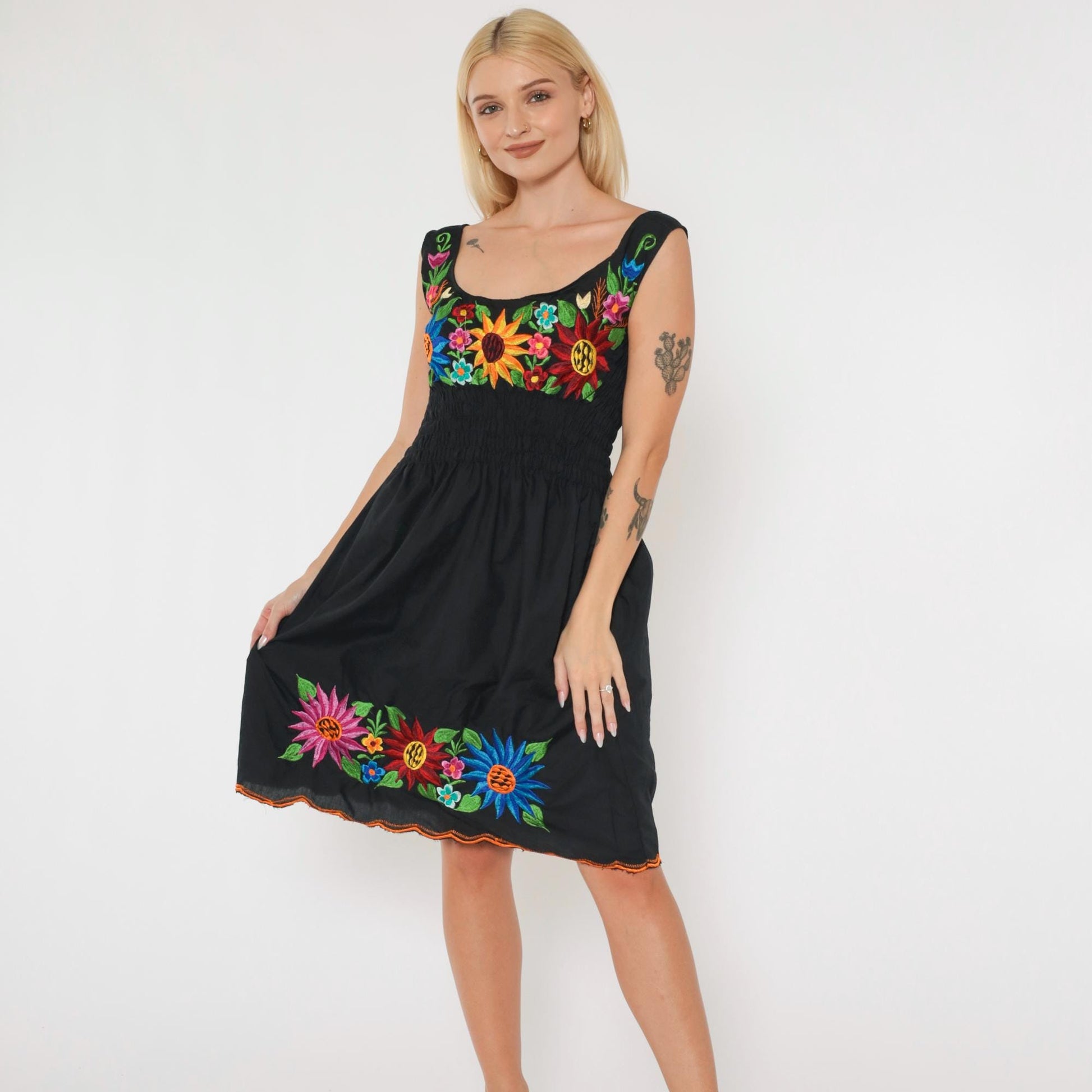 90s Black Floral Embroidered Smocked Mini Dress Sleeveless Small Medium