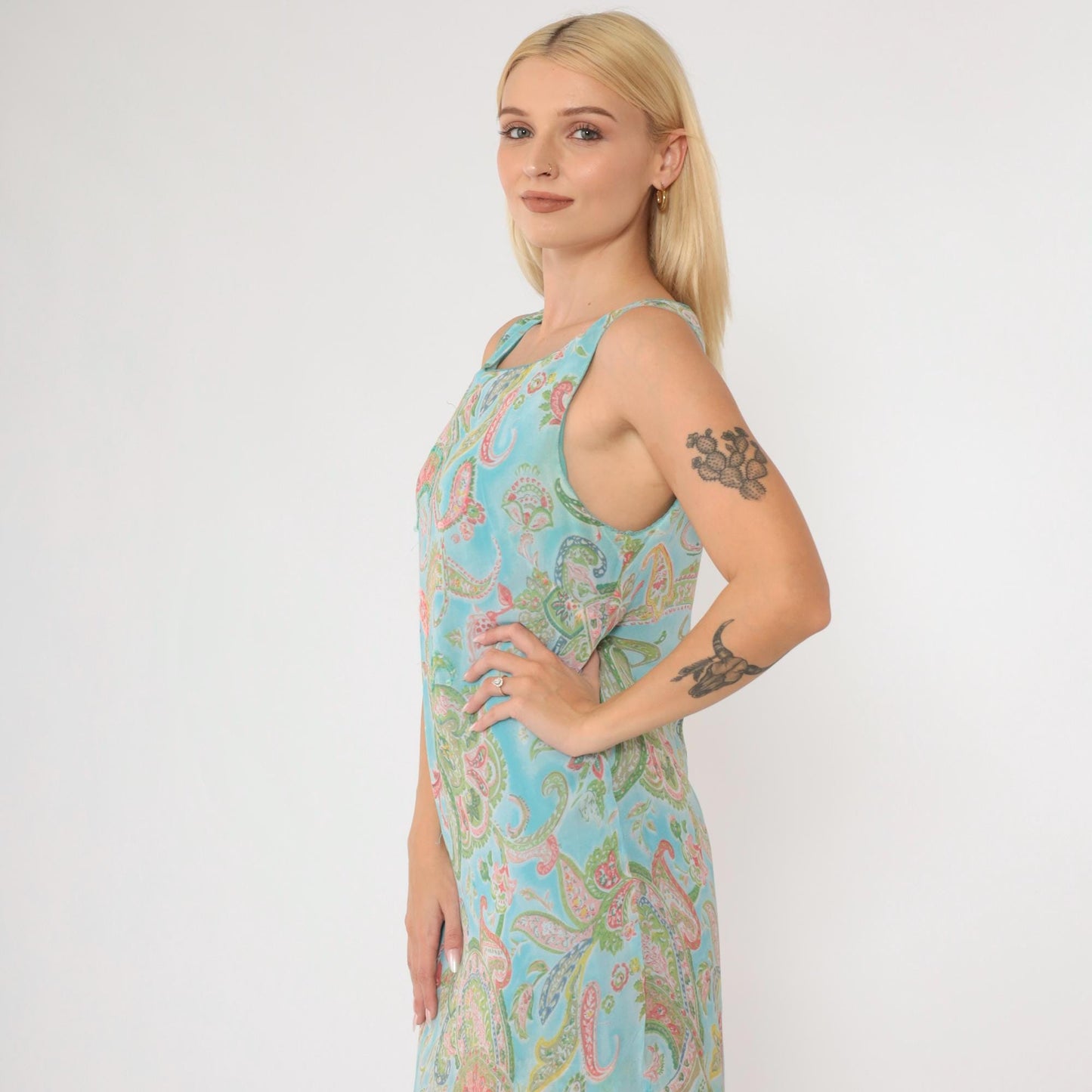 Y2K Paisley Sequin Maxi Dress Blue Sleeveless Draped Medium