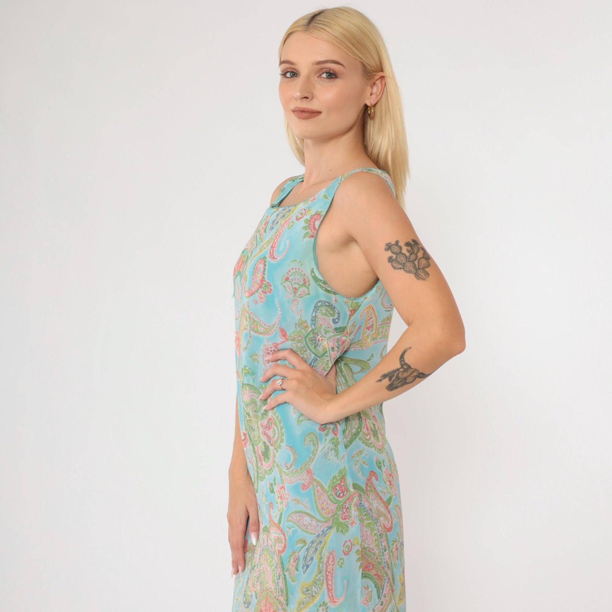Y2K Paisley Sequin Maxi Dress Blue Sleeveless Draped Medium