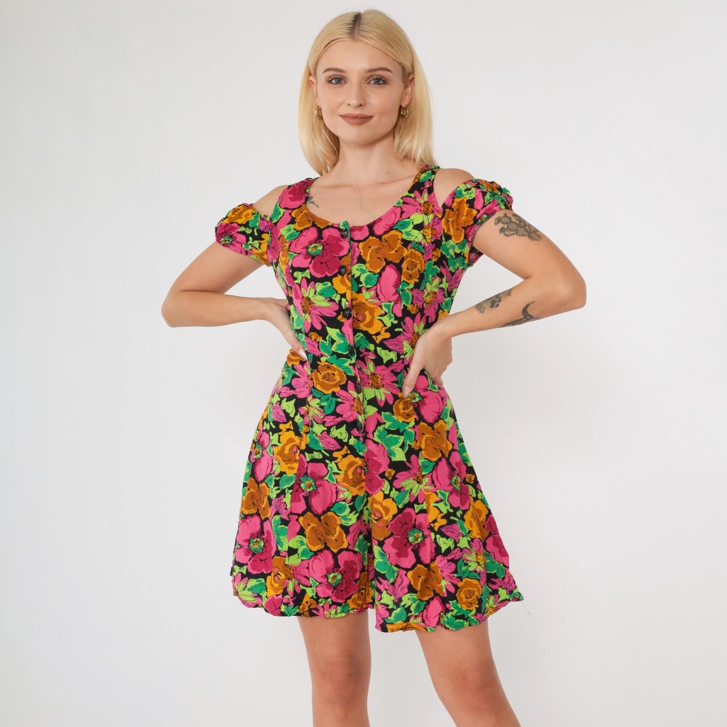 90s Floral Cold Shoulder Romper Wide Leg Playsuit Pink Green Small 5
