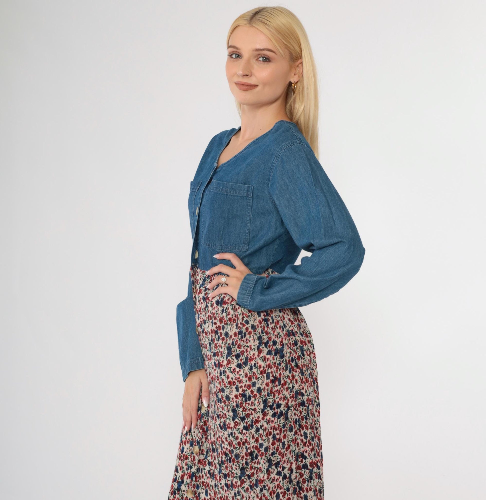 90s Access Floral Denim Maxi Dress Blue Chambray Button-Up High Waist Large