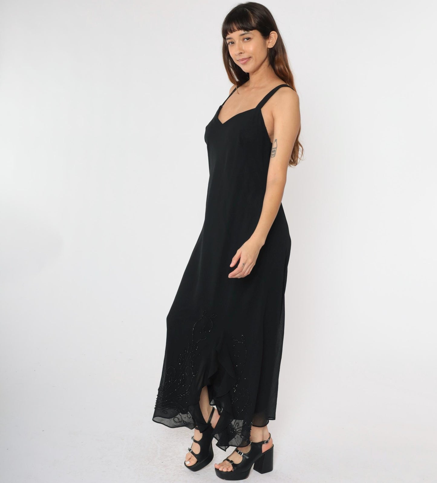 90s R & M Richards Black Chiffon Beaded Maxi Dress V-Neck Medium