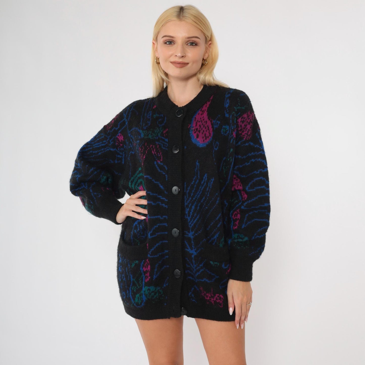 80s Paisley Cardigan Sweater Black Floral Abstract Wool Blend Button Up Medium