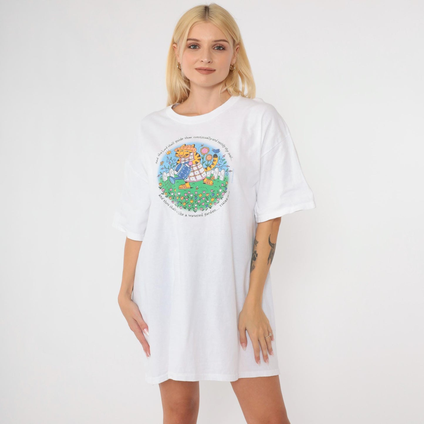 90s Christian T-Shirt Cat Watering Flowers Isaiah 58:11 Graphic Tee Extra Large XL