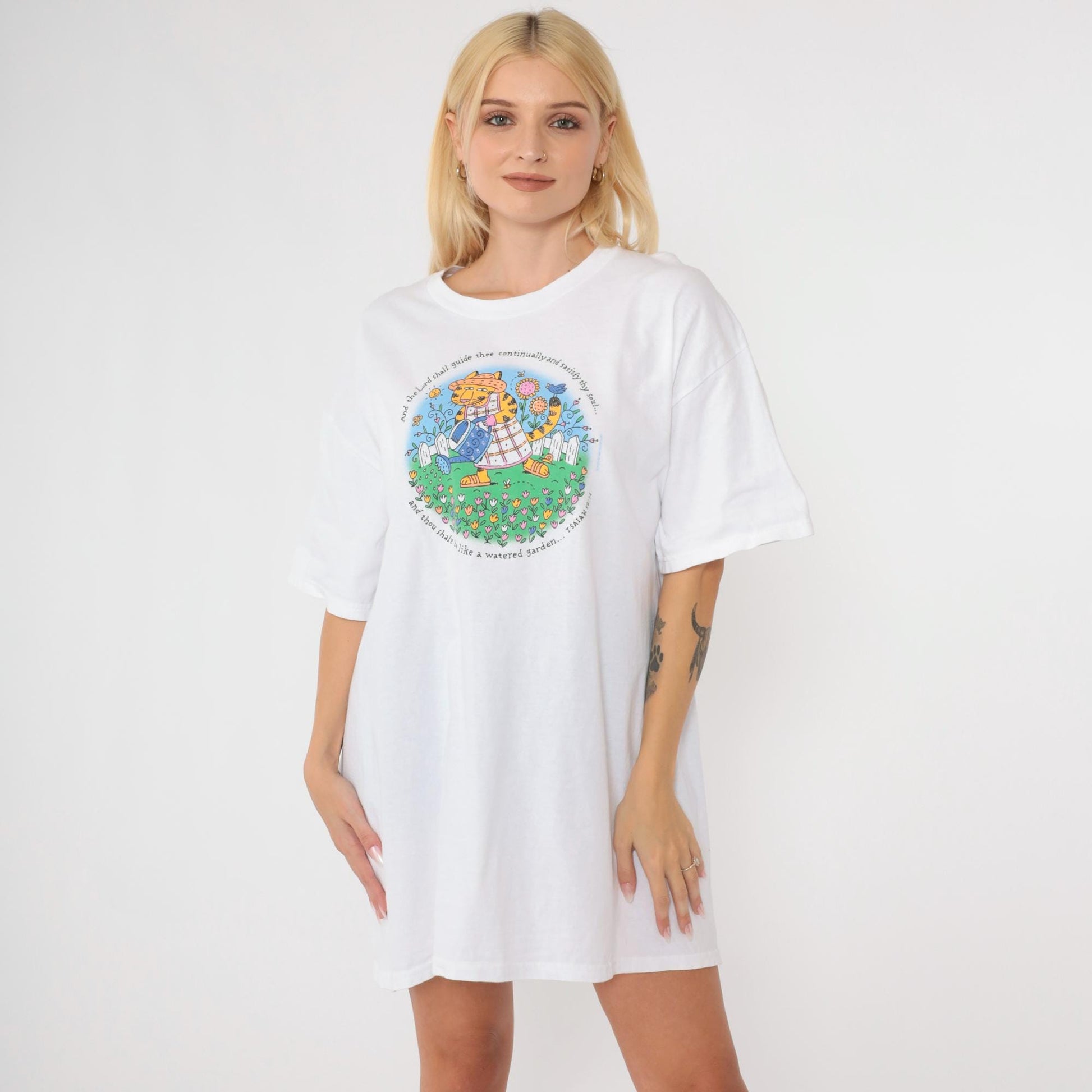 90s Christian T-Shirt Cat Watering Flowers Isaiah 58:11 Graphic Tee Extra Large XL