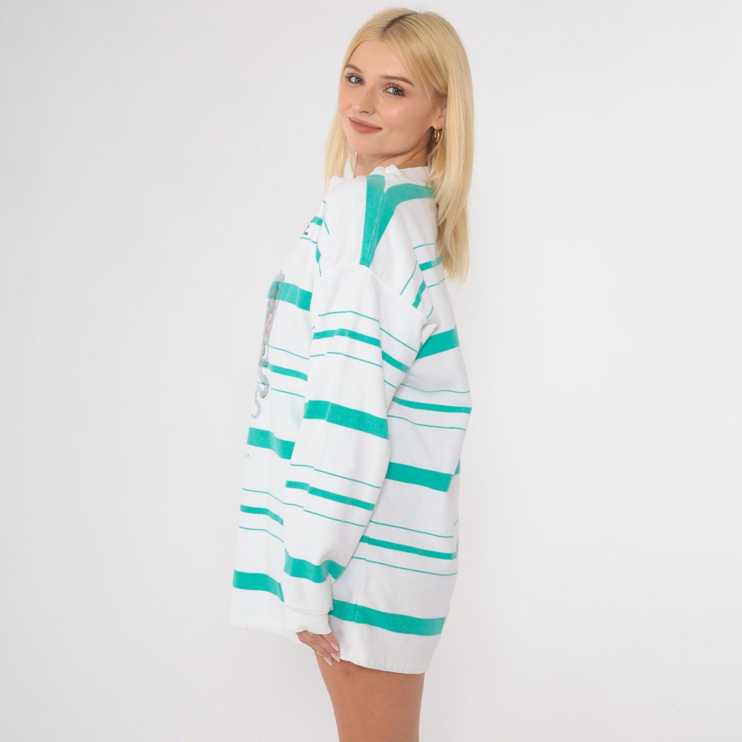 90s Compagnie Française Striped Graphic Shirt Teal White Long Sleeve Medium