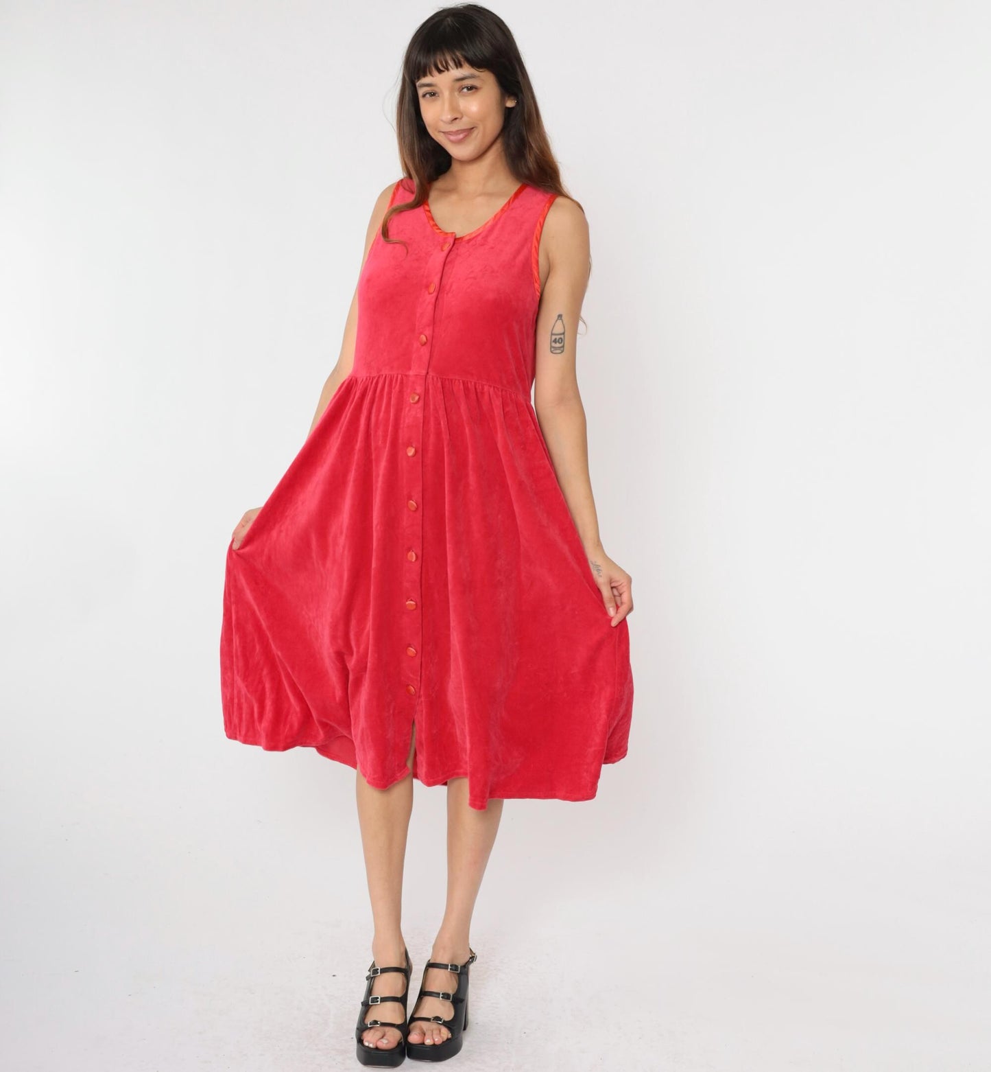 90s Red Velour Button-Up Midi Dress Sleeveless High Waist Medium Petite