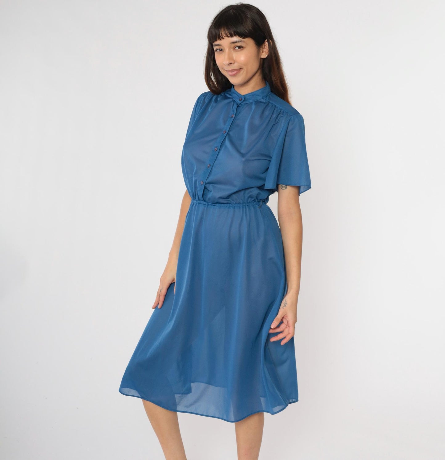 70s Blue Semi-Sheer Midi Shirtdress Flutter Sleeve Button-Up High Waisted Small Medium
