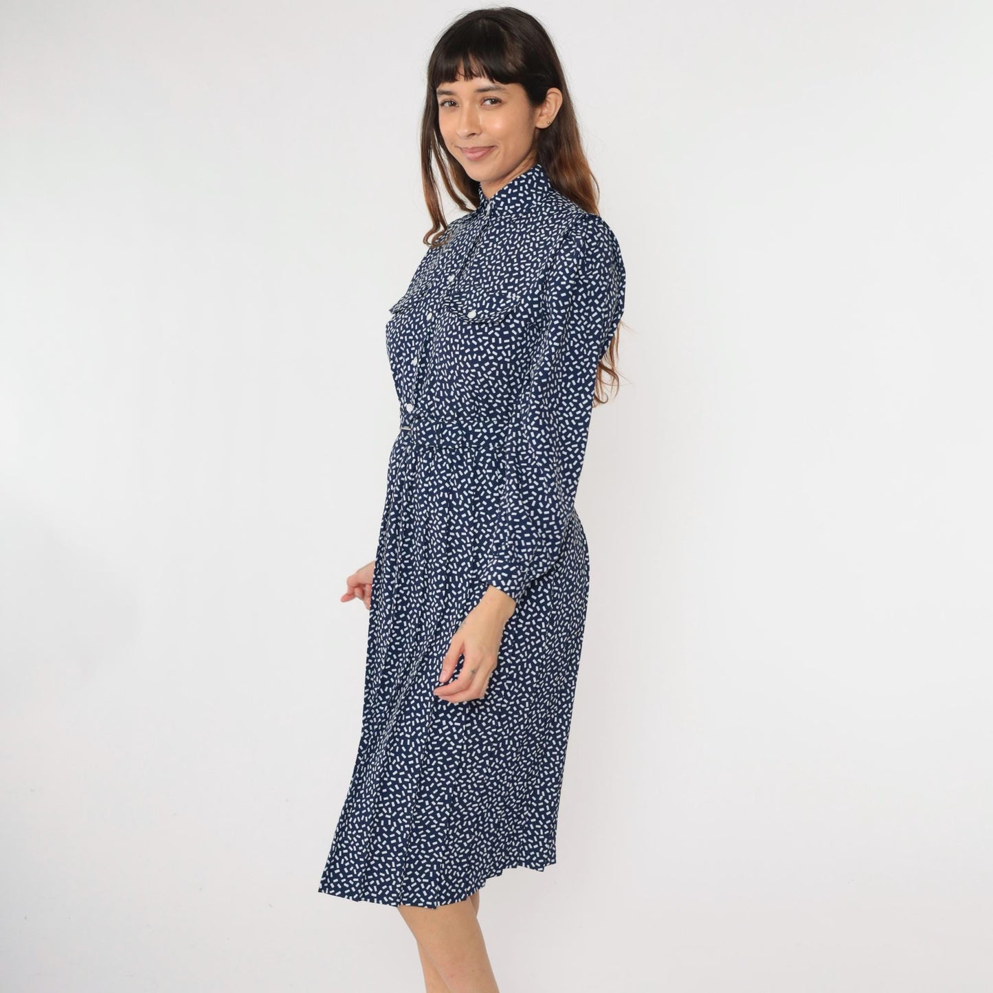 80s Appleseed's Petite Shirtdress Confetti Print Midi Dark Blue White