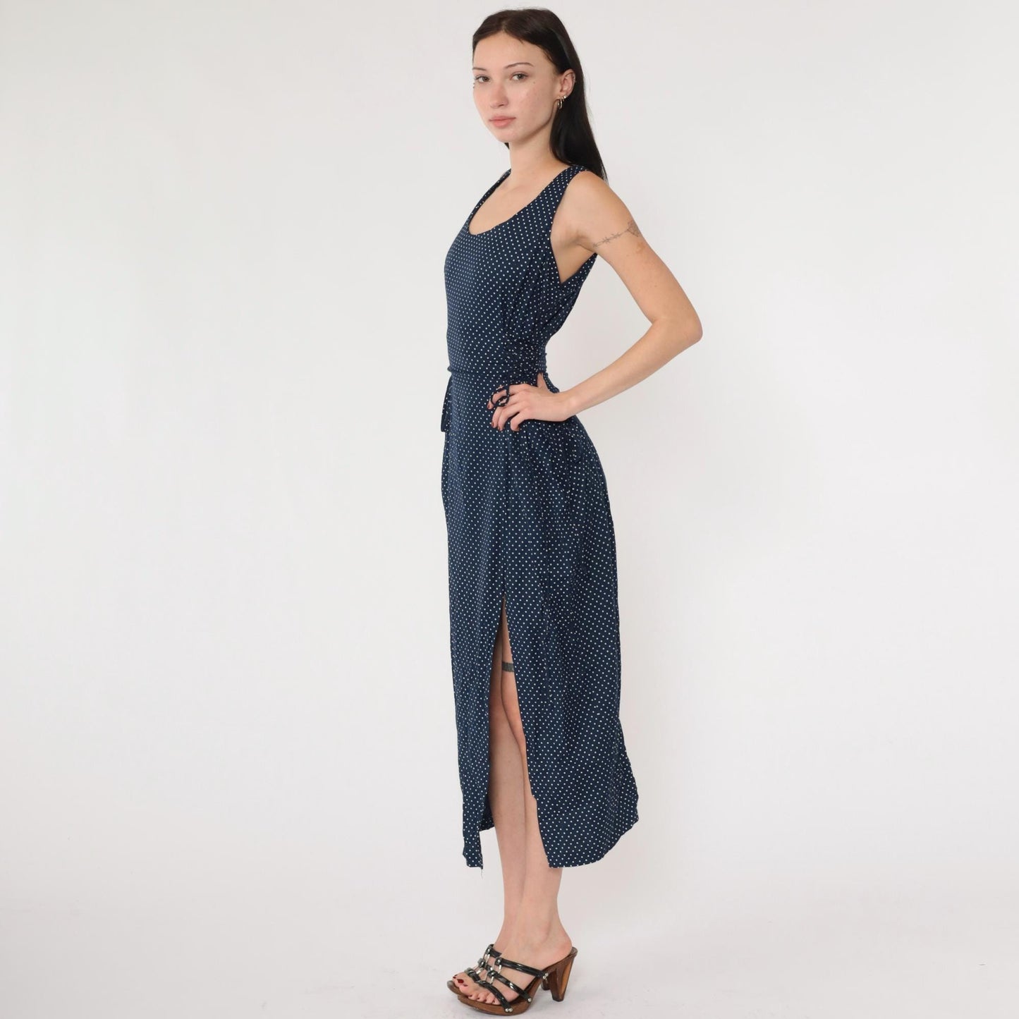 90s Navy Polka Dot Maxi Dress Sleeveless Scoop Neck Tie Waist Medium