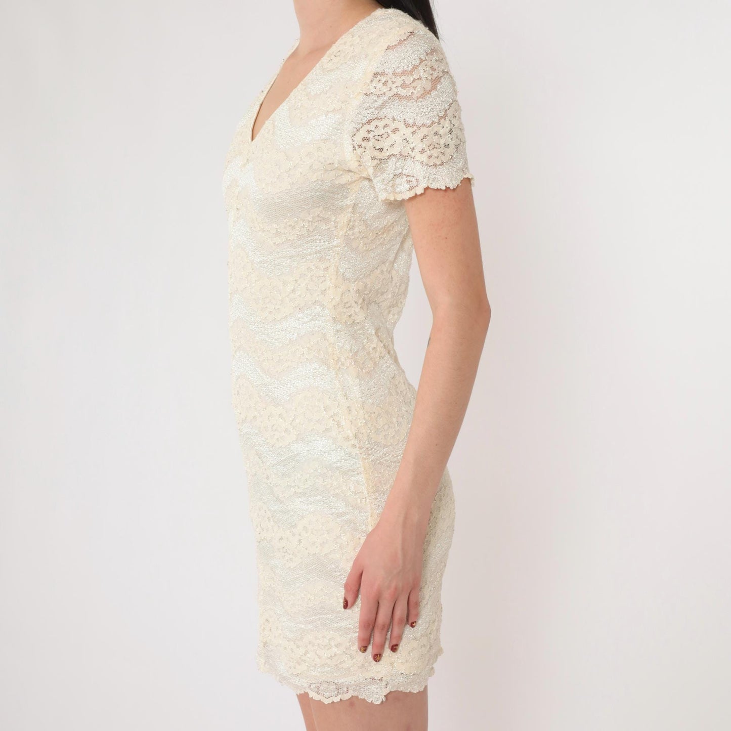 90s Scarlett Cream Lace Mini Dress Zigzag V-Neck Short Sleeve Small