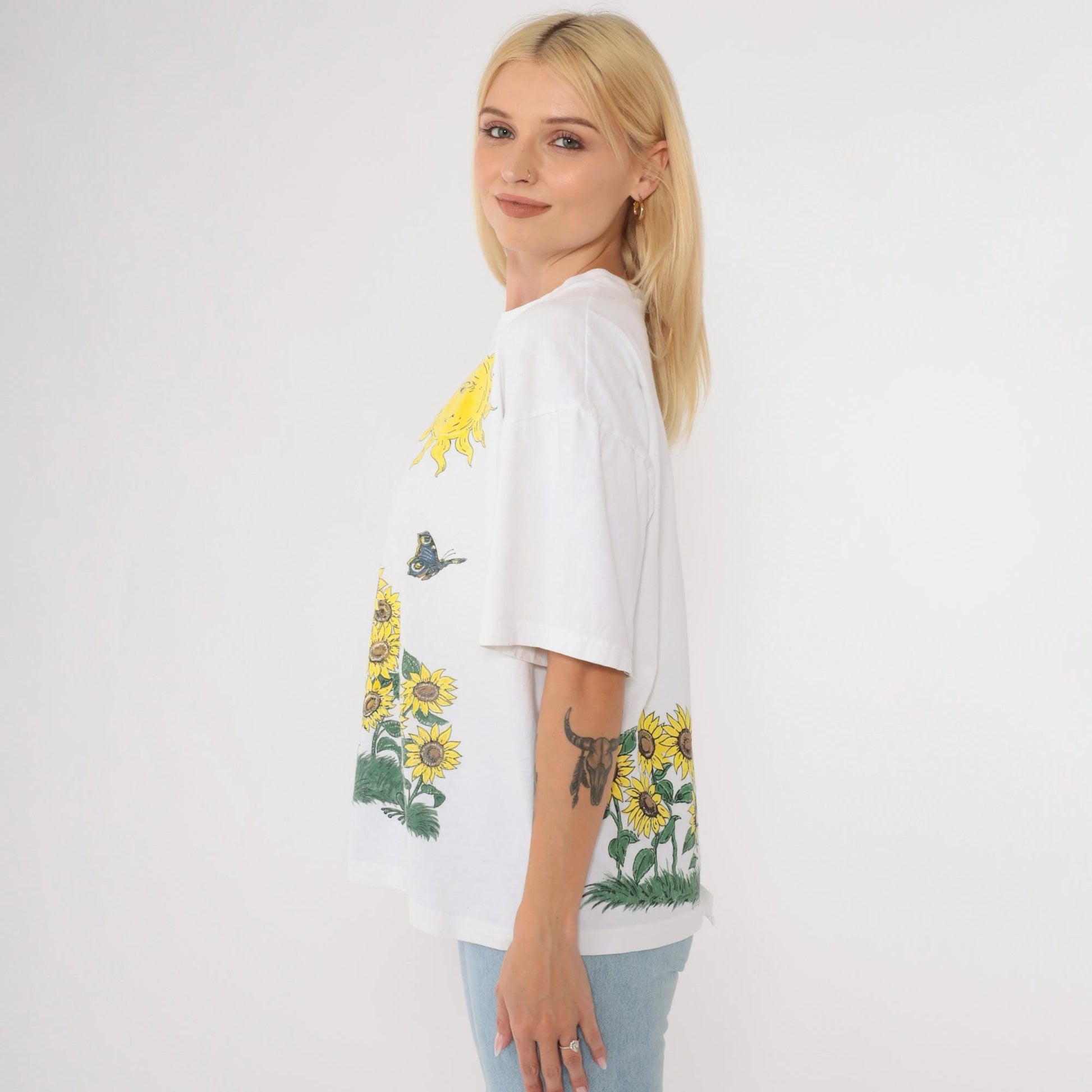 90s Carolina Colours Floral Teddy Bear T-Shirt Sunflower Butterfly Graphic Cotton Large