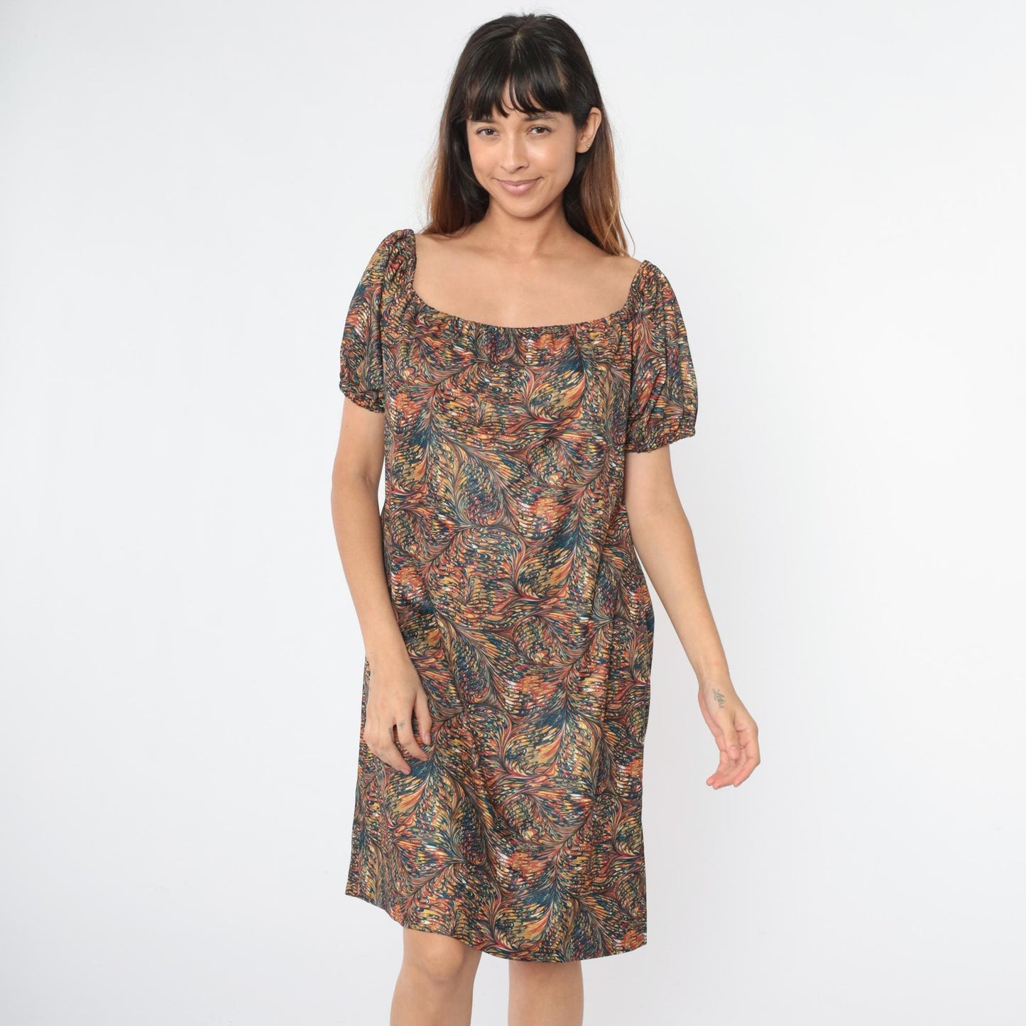 70s Psychedelic Feather Print Shift Dress Elastic Neckline Knee Length Large