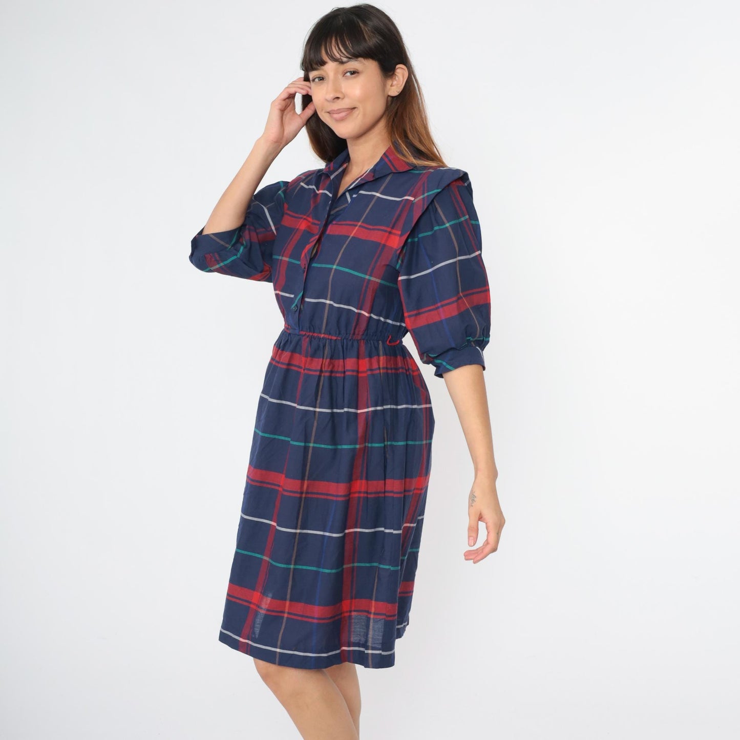 80s Dark Blue Plaid Button-Up Midi Dress High Waist Collar Half Sleeve Extra Small