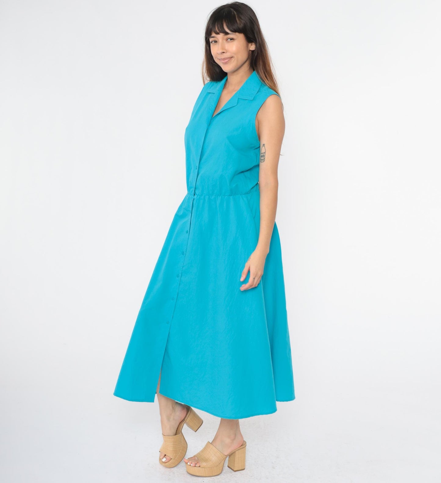 80s Turquoise Sleeveless Shirtdress Midi Button-Up High Waist Medium Large