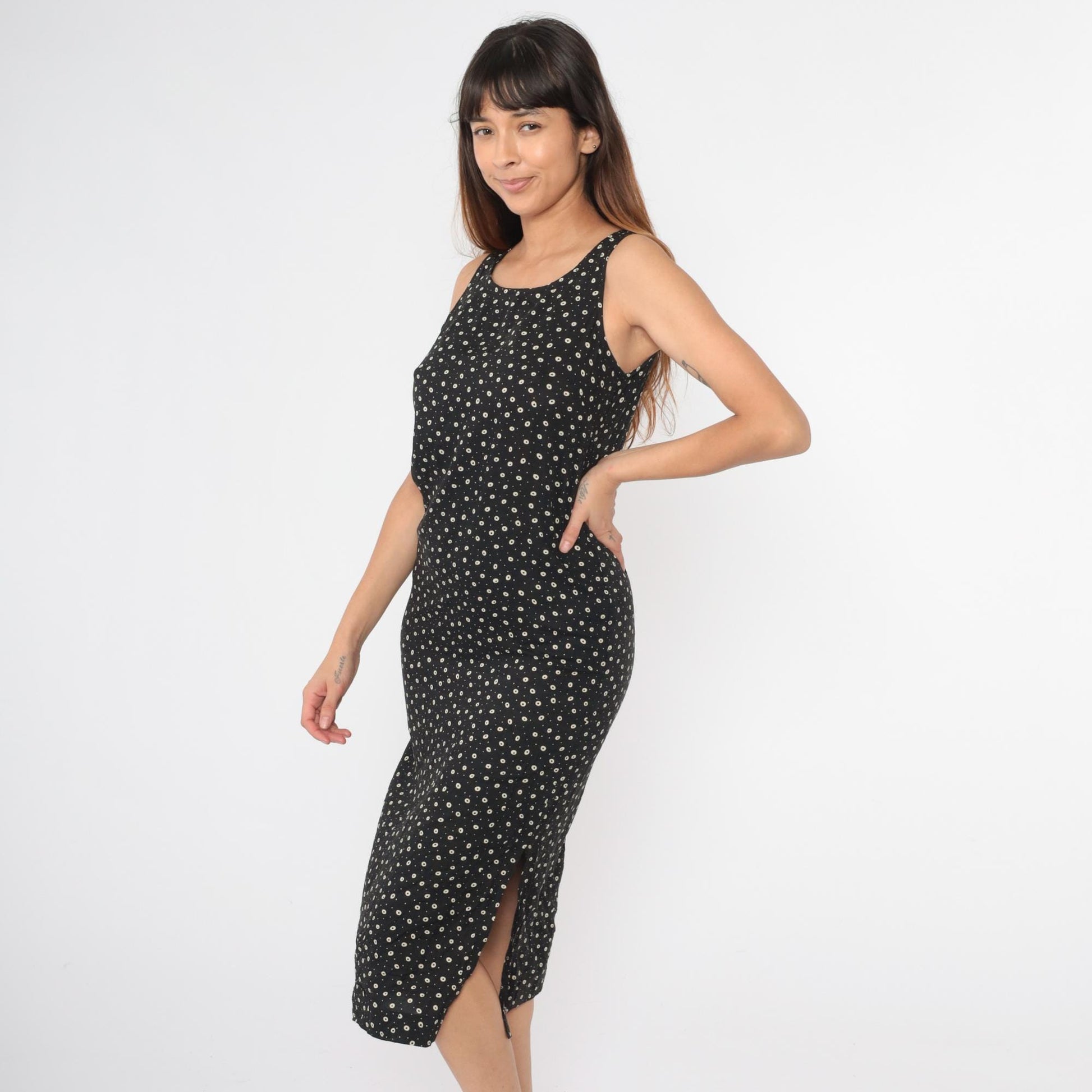 90s Teddi Dresses Black White Polka Dot Midi Sheath Sleeveless Small